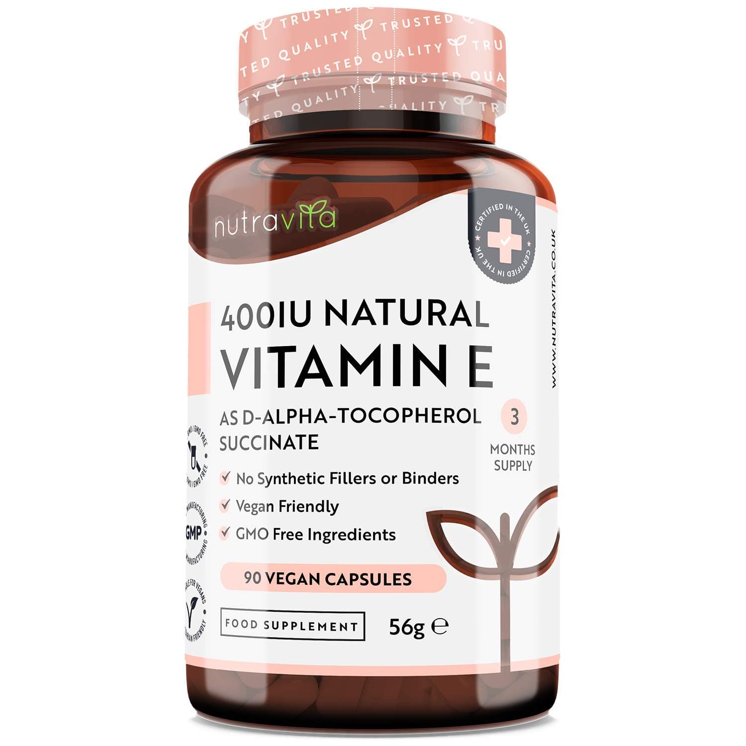 Vitamin E 400IU D-Alpha Tocopherol – 100% Natural Vitamin E – Highly Absorbable – 90 Vegan Capsules – 3 Month Supply – Protects Cells from Oxidative Stress – Made in The UK by Nutravita
