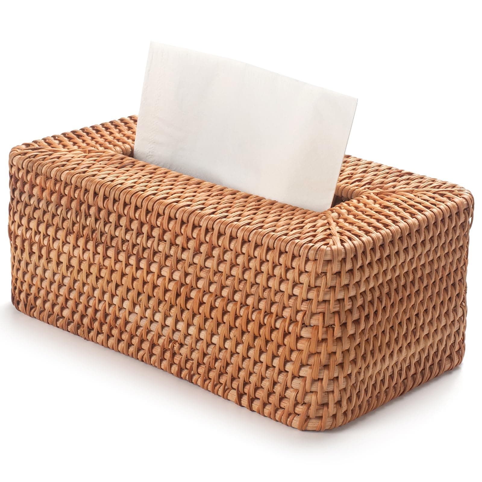 YANGQIHOME Rectangular Rattan Tissue Box Cover, Hand Woven Wicker Tissue Holder, Tissue Box Square for Living Room, Dining Table, Bedroom, 26 x 10.5 x 15.5 cm, Natural