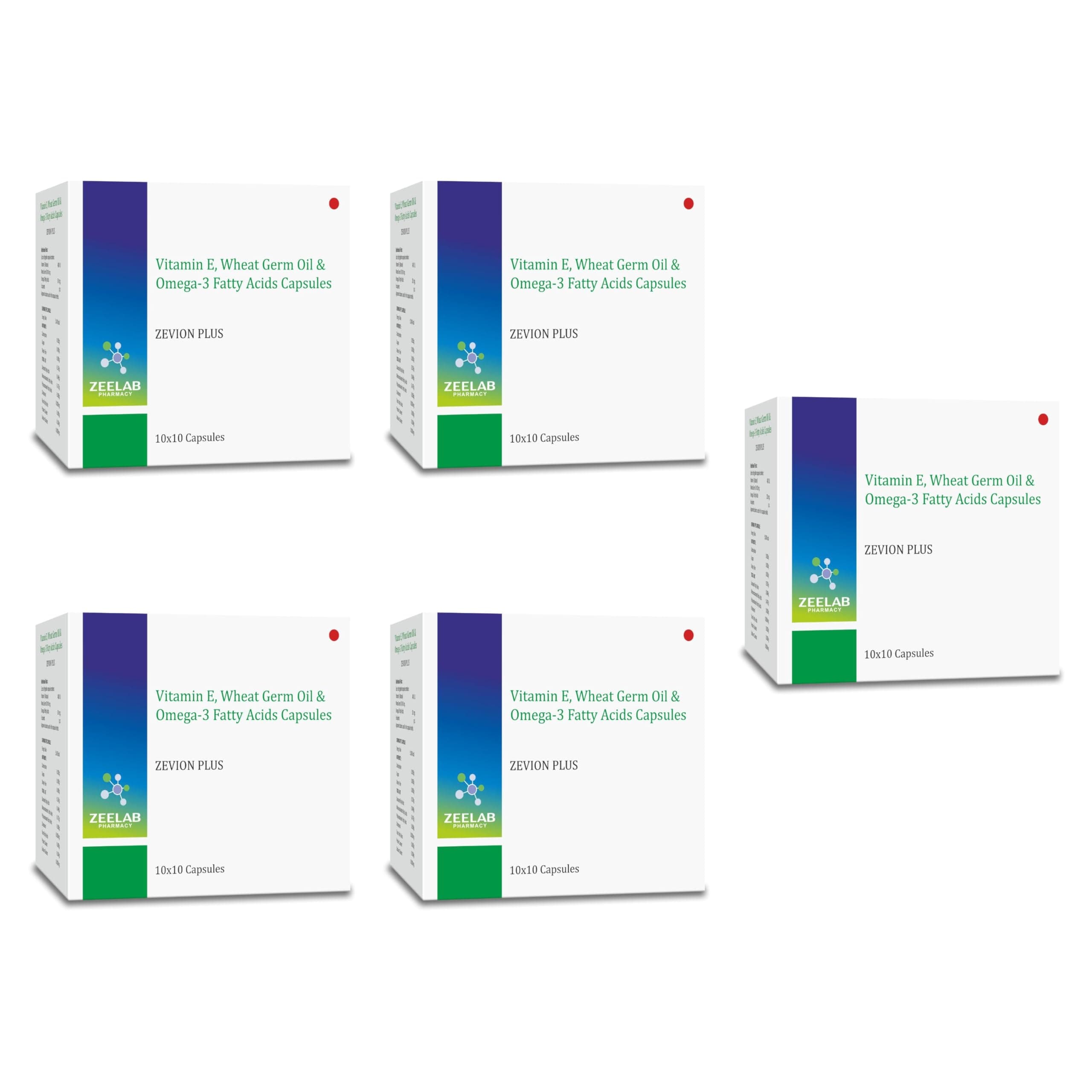 Zevion Plus Vitamin E Capsule with Omega 3 Fatty Acids & Wheat Germ Oil – Antioxidant Skin Supplement, Omega 3 Capsule for Heart, Skin & Immunity 10 Softgel Capsules (Pack of 5)