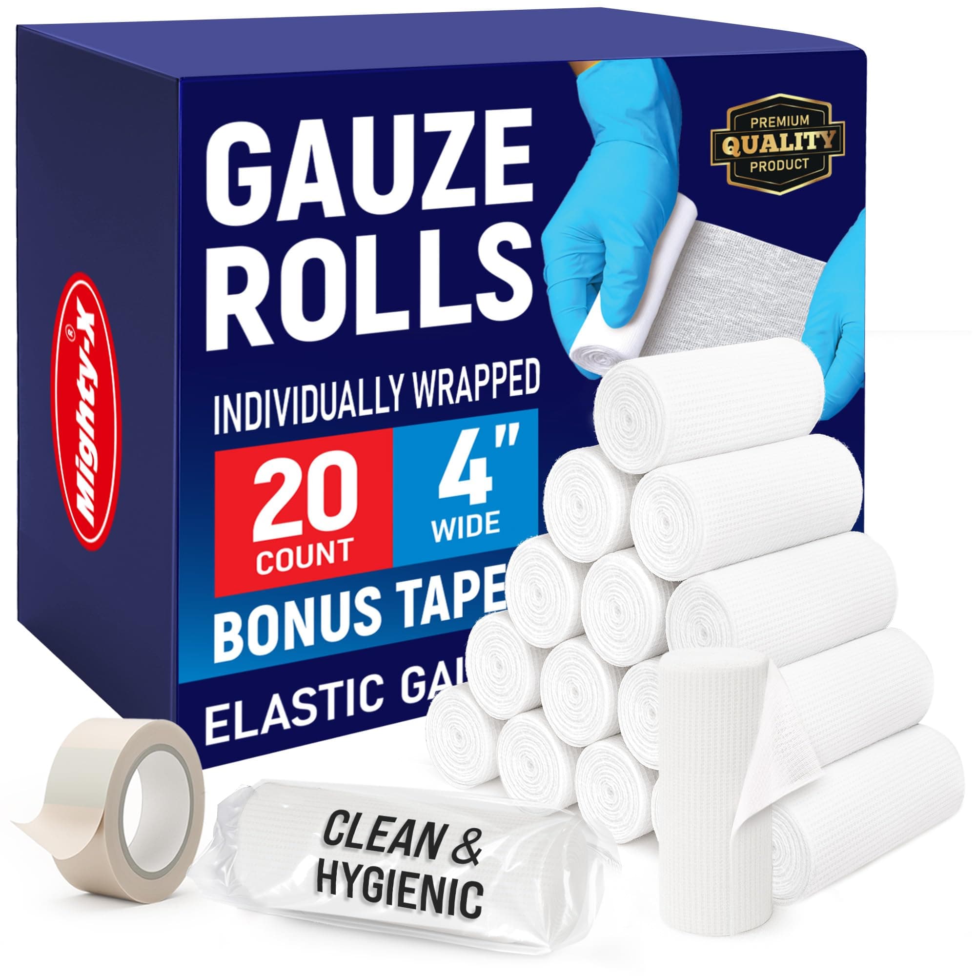 Premium Gauze Rolls - (20 Pack) - 4" x 4.1yd First Aid Rolled Gauze - Individually Wrapped + Bonus Tape - Breathable Conforming Gauze Wrap Roll for Wounds