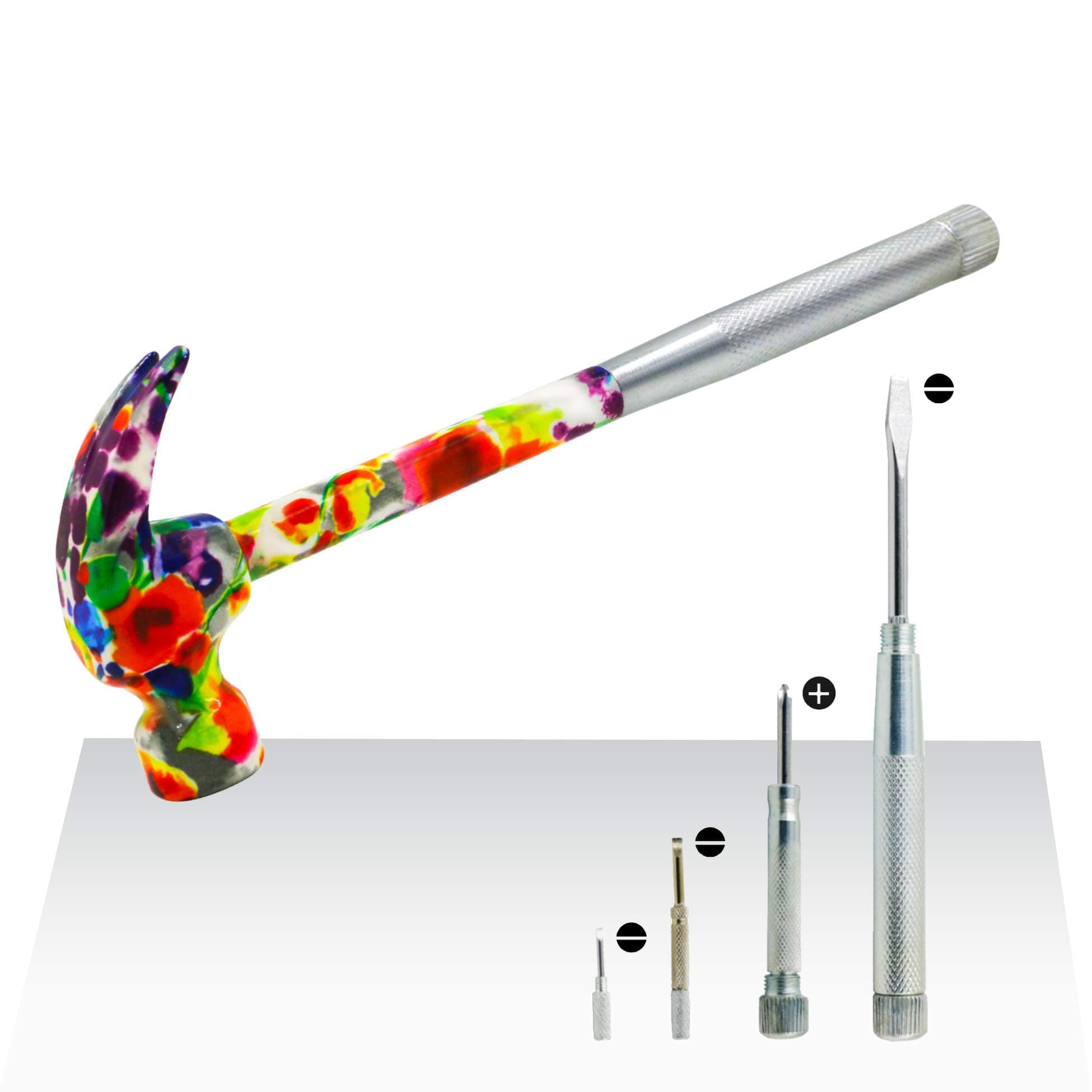 GS Tools 6 In 1 Claw Hammer and Screwdriver Multi-Tool with Floral Print, Garden Tool with Slotted 2, 3, 4.5, PH 1, Tack Puller and Hammer Best Gift for Women and Children