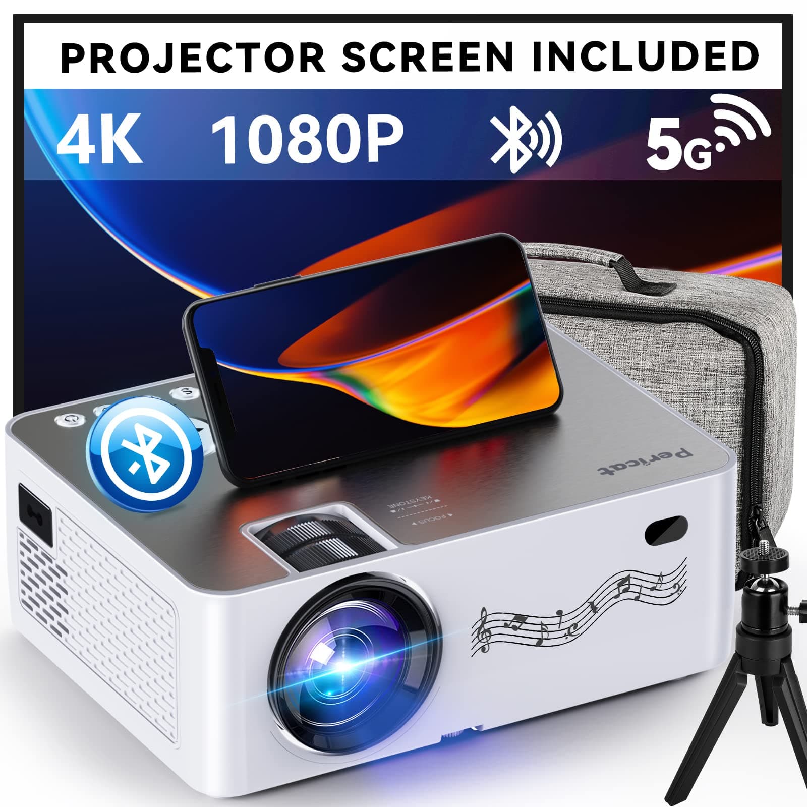 Native 1080P Projector with WIFI and Bluetooth, Pericat 4K Supported 230 ANSI Outdoor Movie Projector with 100" Screen, Tripod & Carry Bag, Compatible with iOS/Android/PC/TV Stick/HDMI/USB/VGA