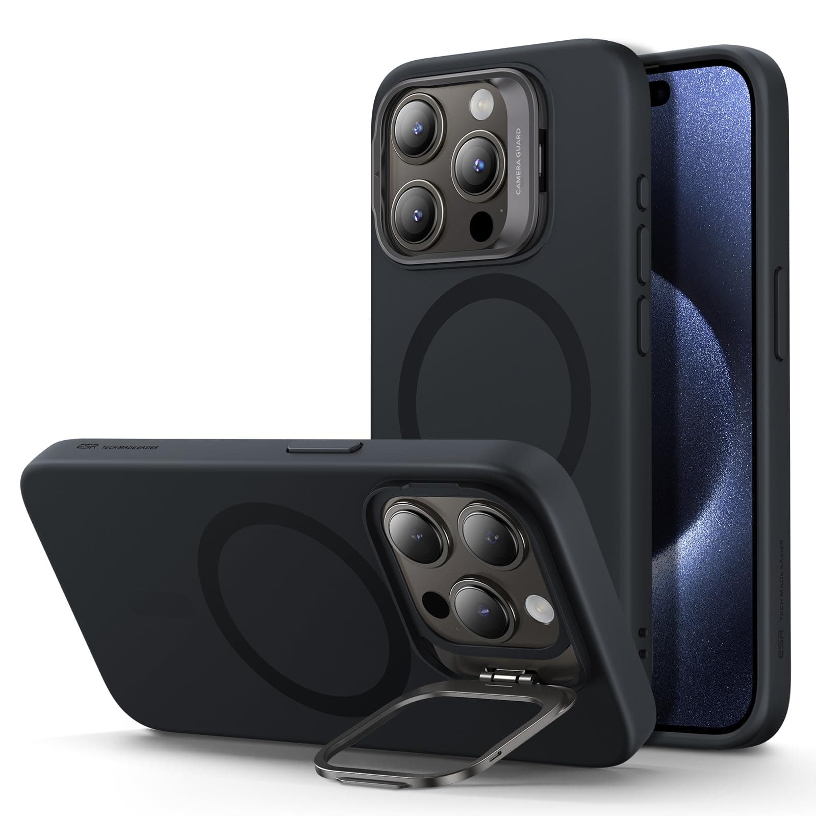 ESR for iPhone 15 Pro Case, MagSafe Silicone Case with Stand, Military-Grade Protection, Built-in Camera Stash Stand, Magnetic Phone Case for iPhone 15 Pro, Cloud Series,Black