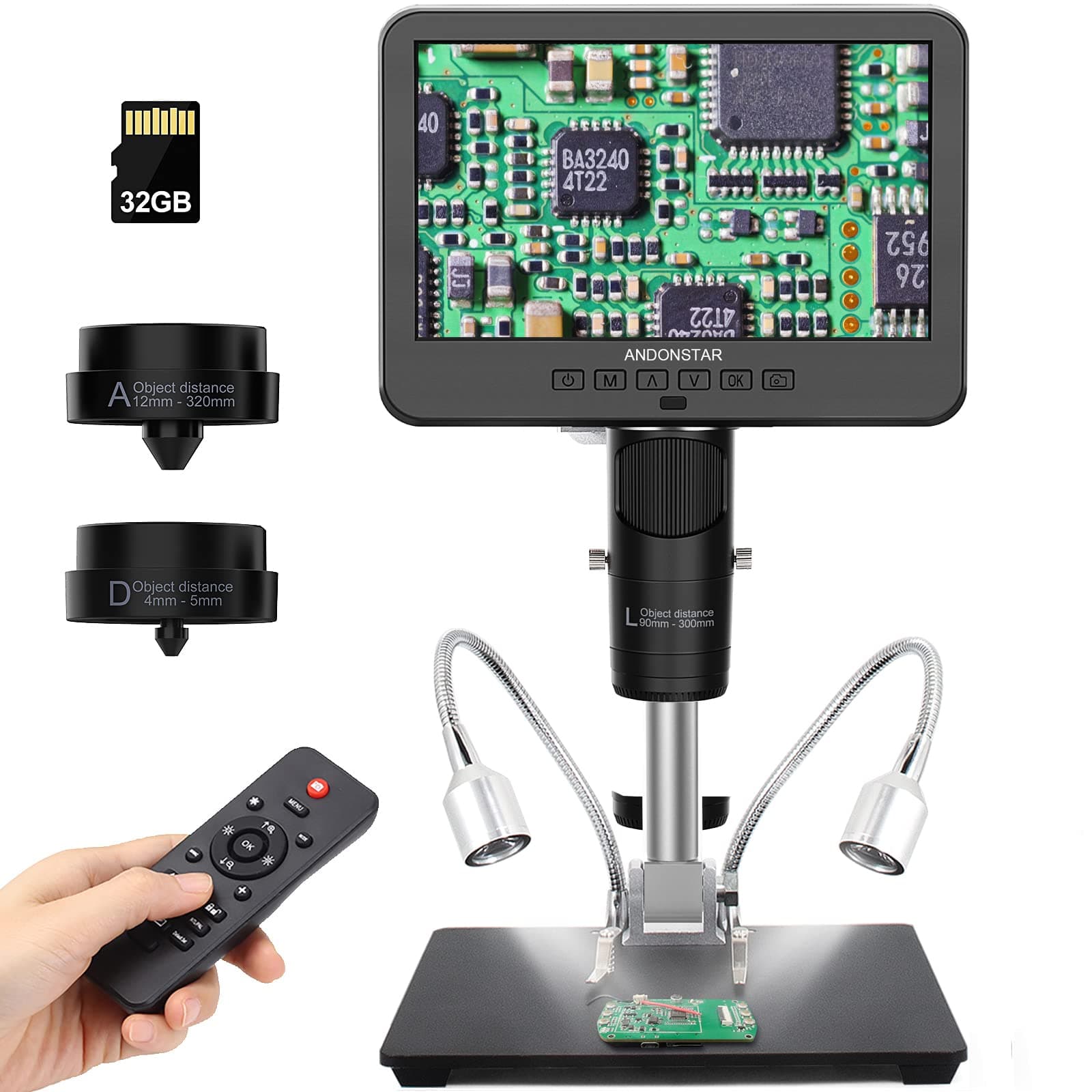Andonstar AD246S Digital Microscope HDMI 2000x for Adults - UHD 2160P Video Recording, 3 Lenses, 7 Inch LCD for Soldering, Coin and Organic Kit