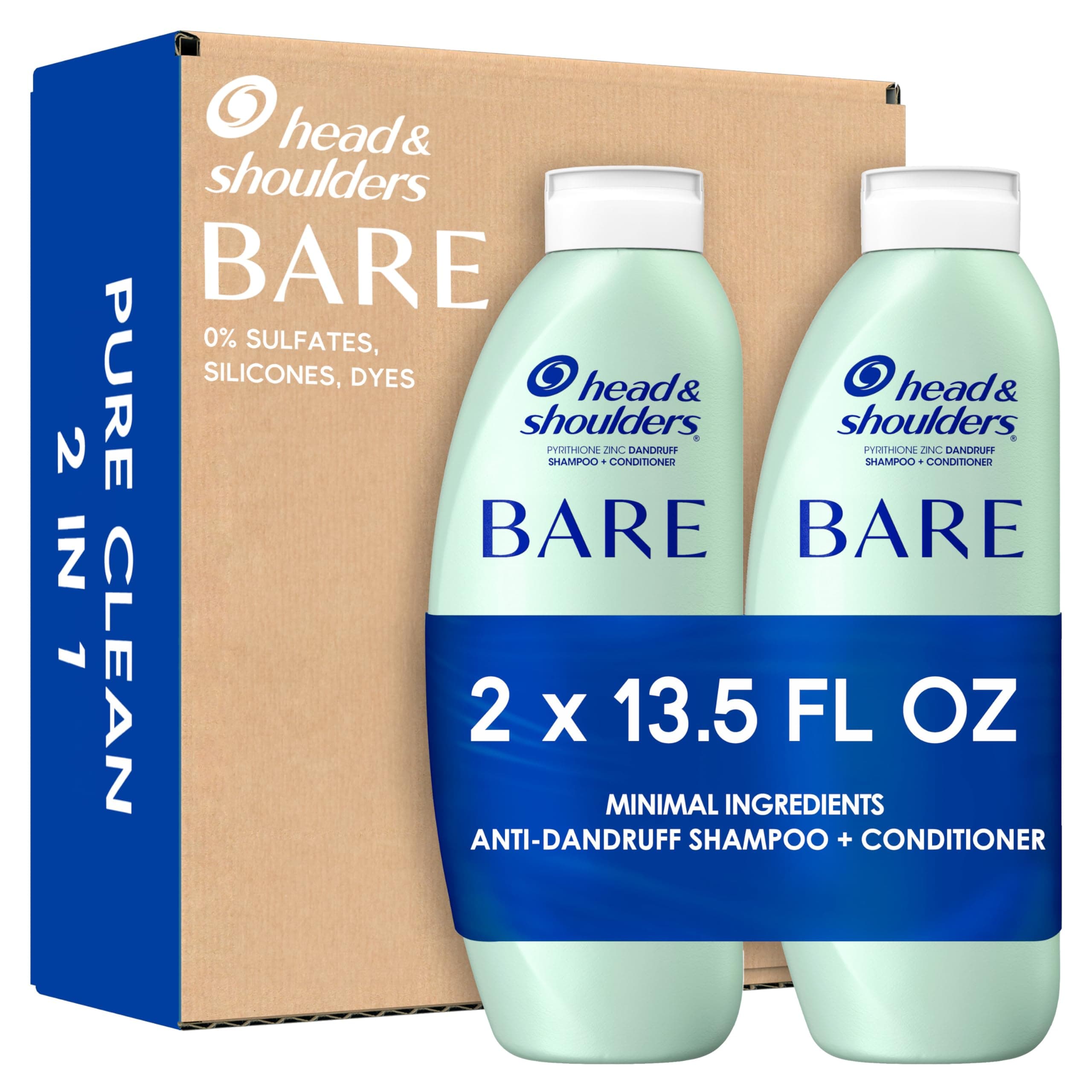 BARE 2-in-1 Dandruff Shampoo And Conditioner Twin Pack, Pure Clean, Sulfate-Free, Silicone-Free, Dye-Free, Eco-Friendly Bottles, Safe for All Hair Types, 13.5 Fl Oz Each (Set of 2)