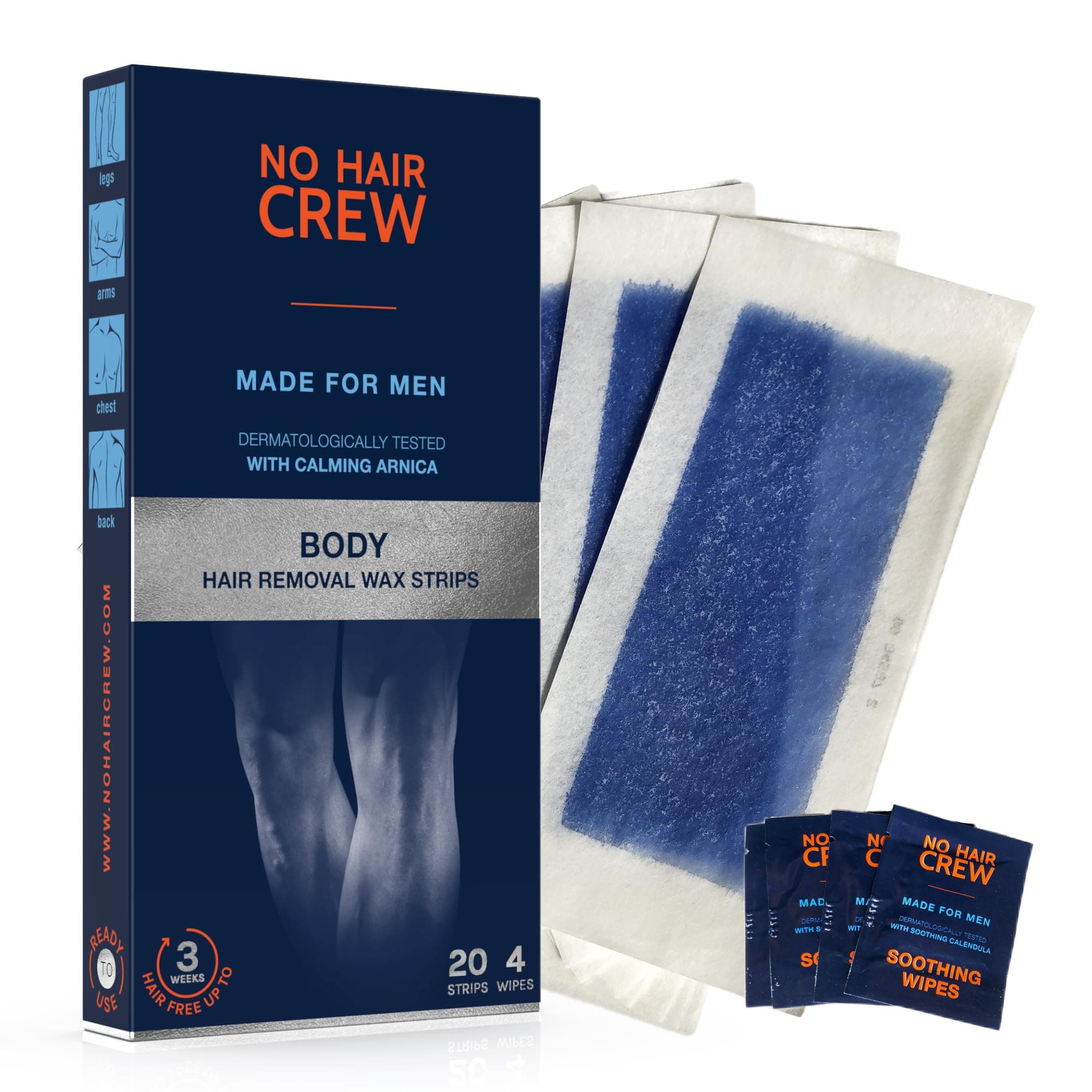 Body Wax Strips – High Performance Wax Strips Made for Men, 20 strips & 4 soothing cleansing wipes