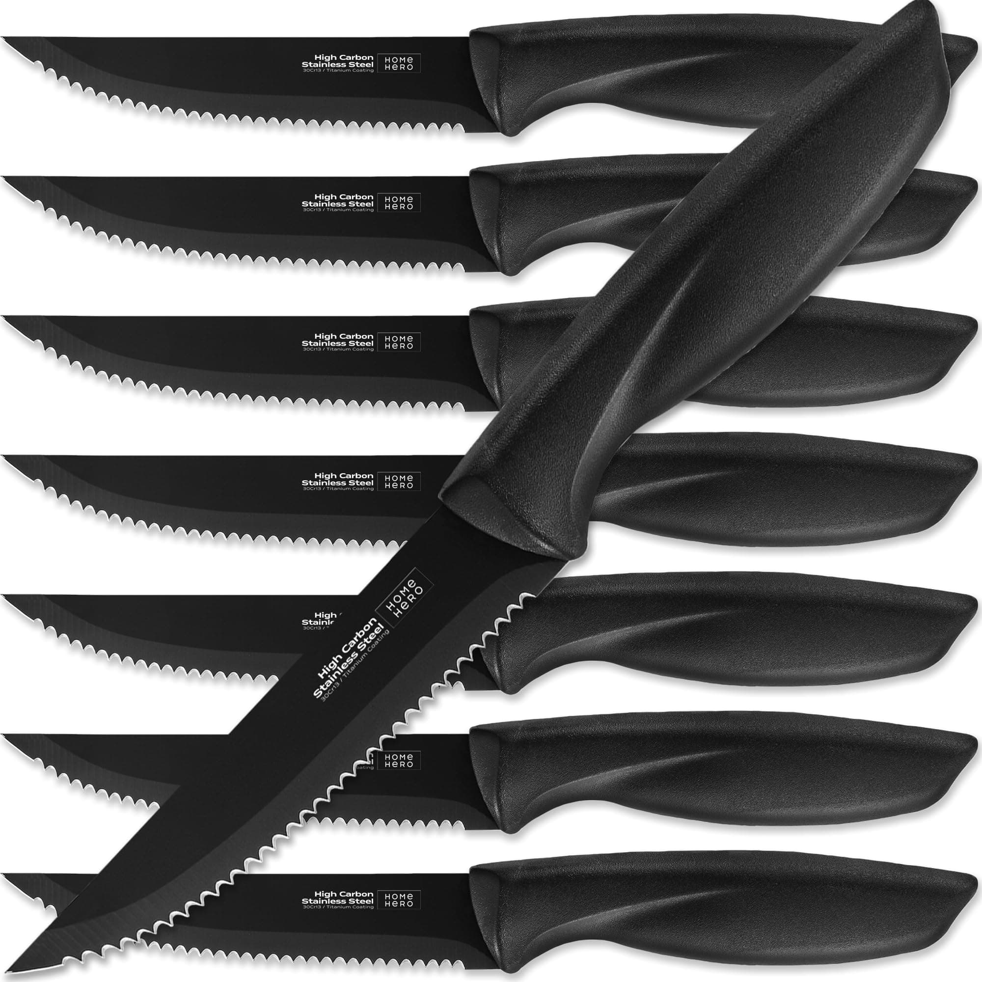 8 Pcs Steak Knives, Razor-Sharp Steak Knives Set of 8, High-Carbon Stainless Steel Steak Knife Set, Ergonomic Handles Serrated Steak Knives for Precise Cutting (8 Pcs - Black)
