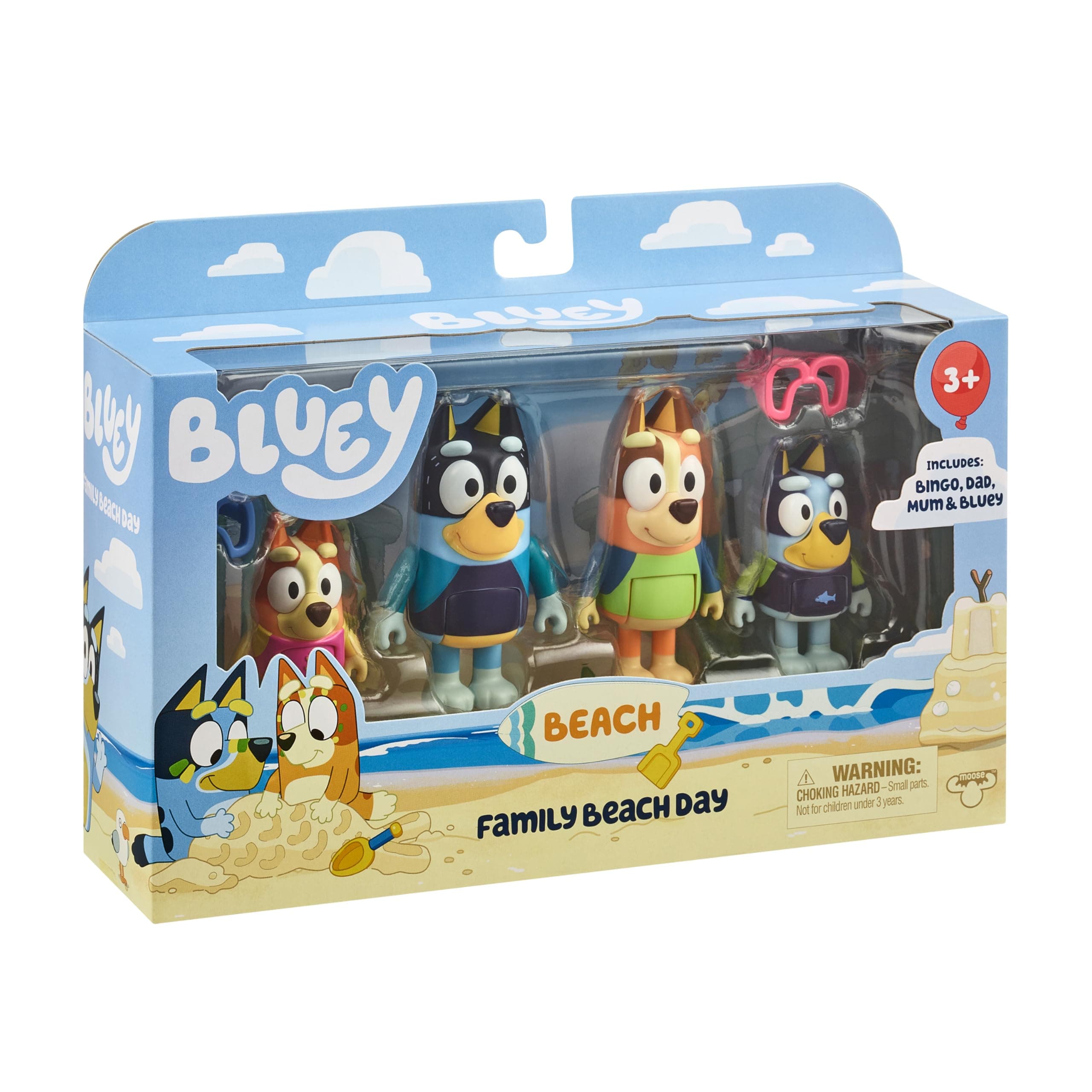 Bluey Figure 4-Pack, Family Beach Day 2.5-3 Inch, Bingo, Bandit And Chilli Character Figures With Accessories