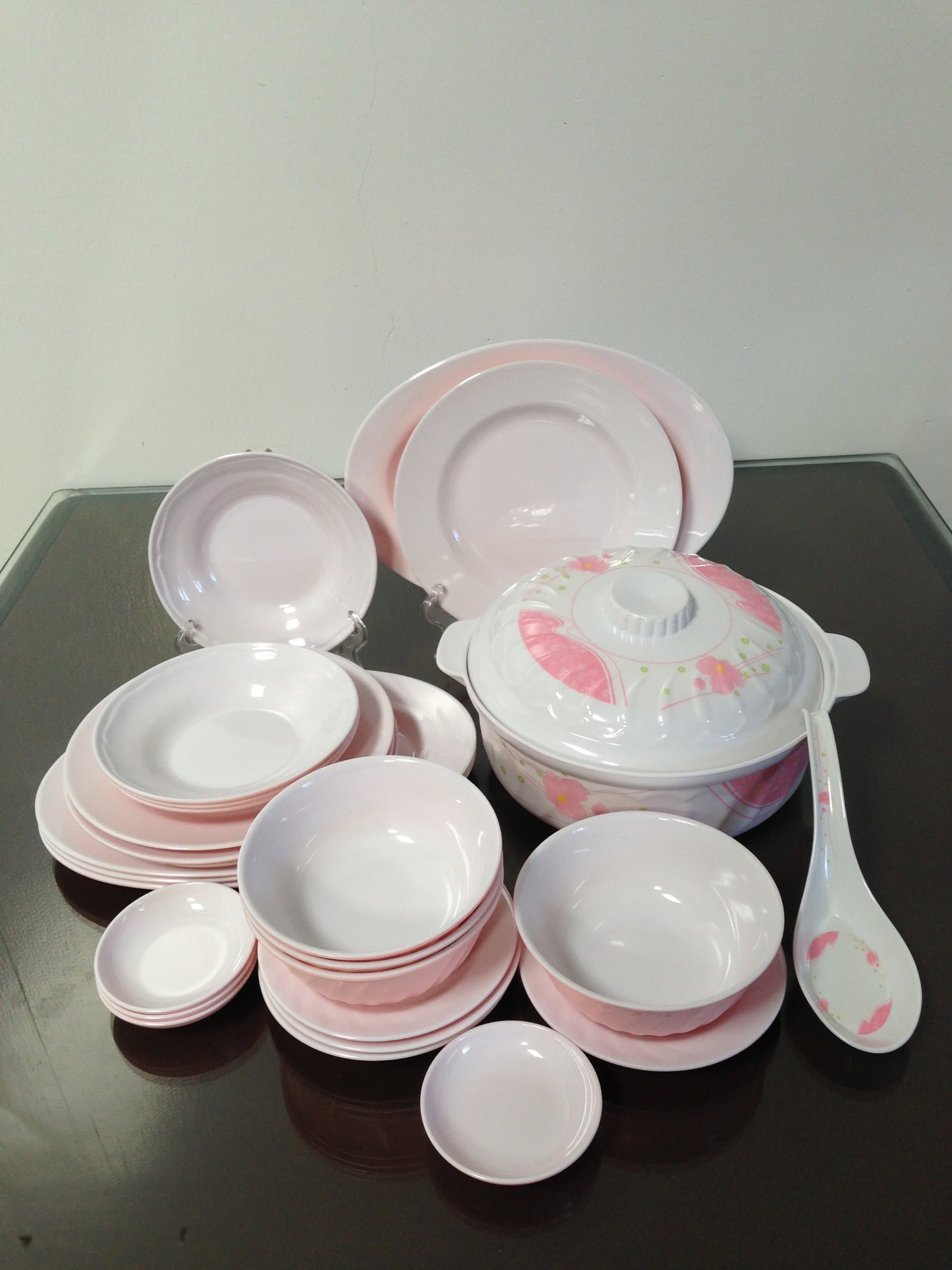 27-Piece Melamine Dinnerware Set 2 Tone Pink White Bowls Plates