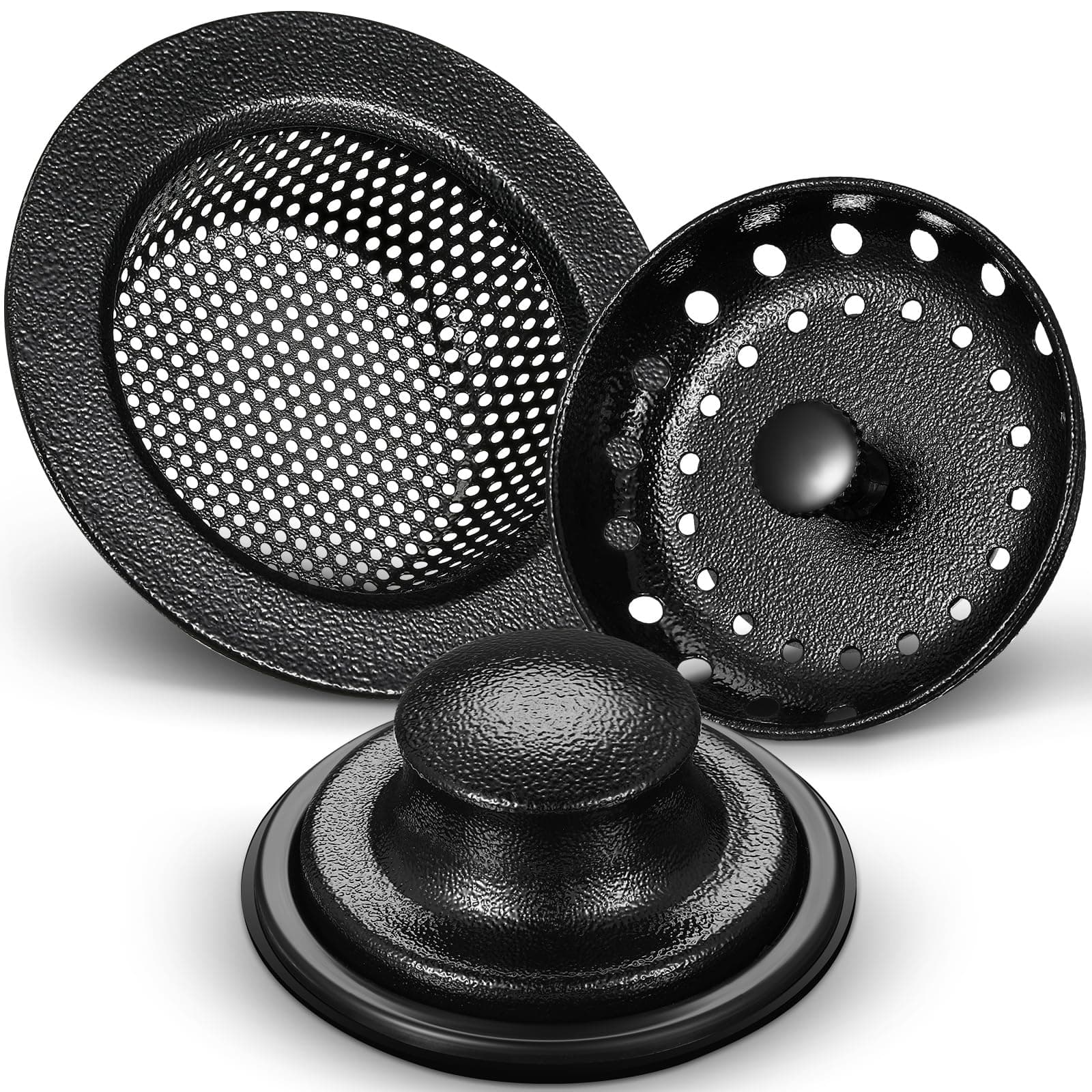 Mudder 3 Pcs Kitchen Sink Drain Strainer and Stopper Stainless Steel Garbage Disposal Plug with Handle Universal Anti-Clogging Kitchen Sink Filter Sieve Basket Strainer(Black Texture)