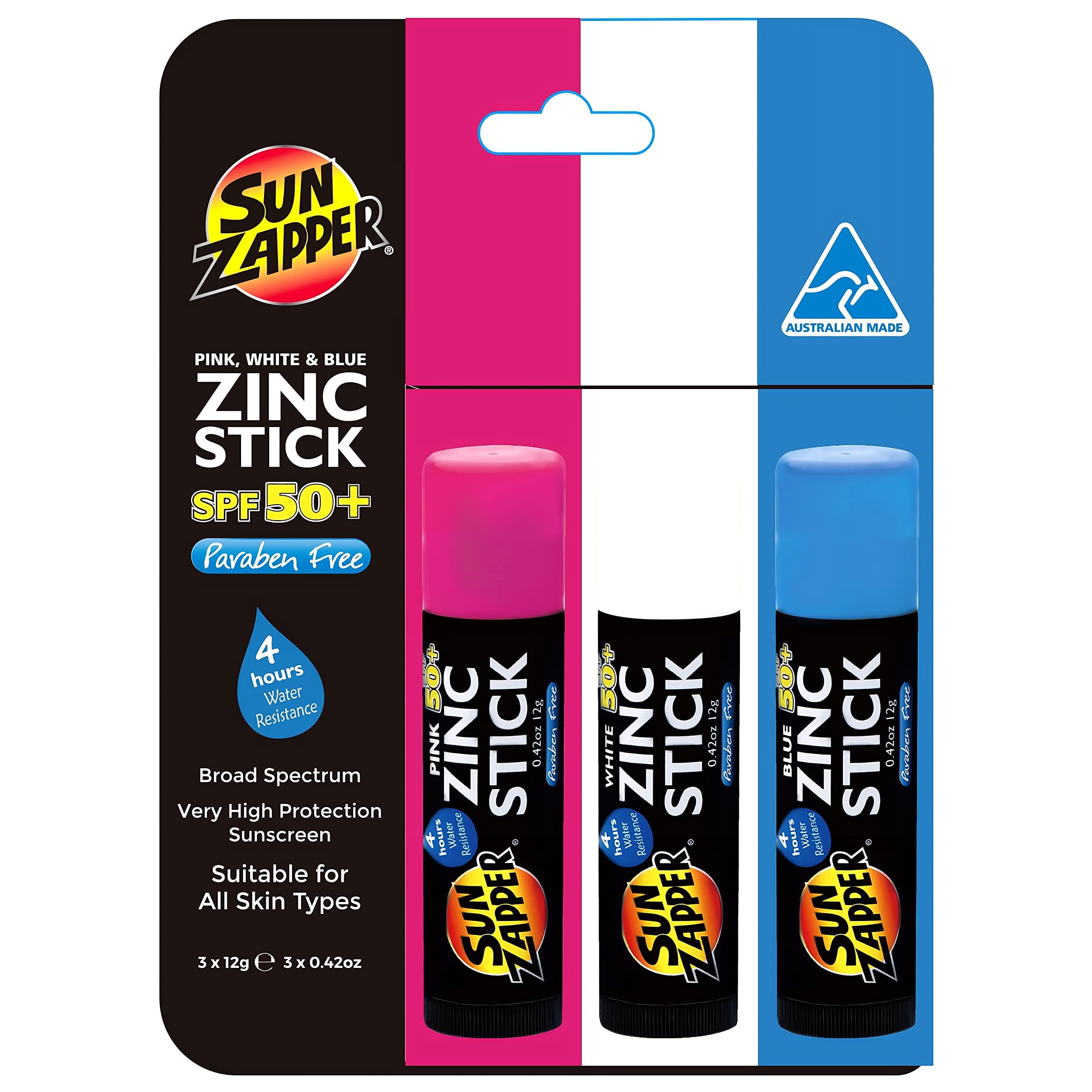 Zinc Sunscreen Stick 3-Pack SPF 50+ Pink White Blue – Mineral Sunscreen Sticks for Face, Water Resistant Sunblock for Kids and Family, Travel Size 12g (0.42 oz), Australian Made