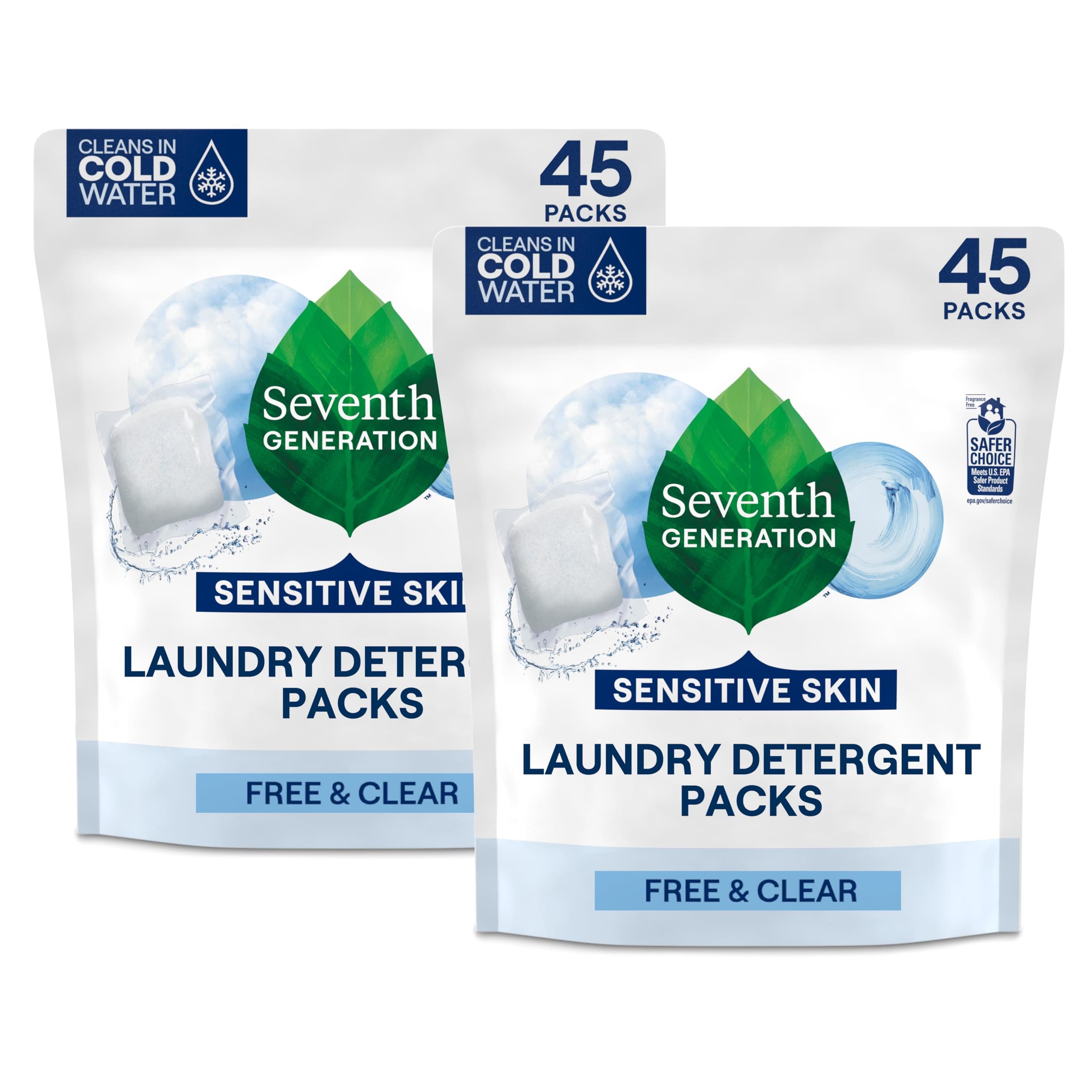 Seventh Generation Laundry Detergent Pack, Free & Clear, 90 Doses (2 Bags, 45 Pieces)