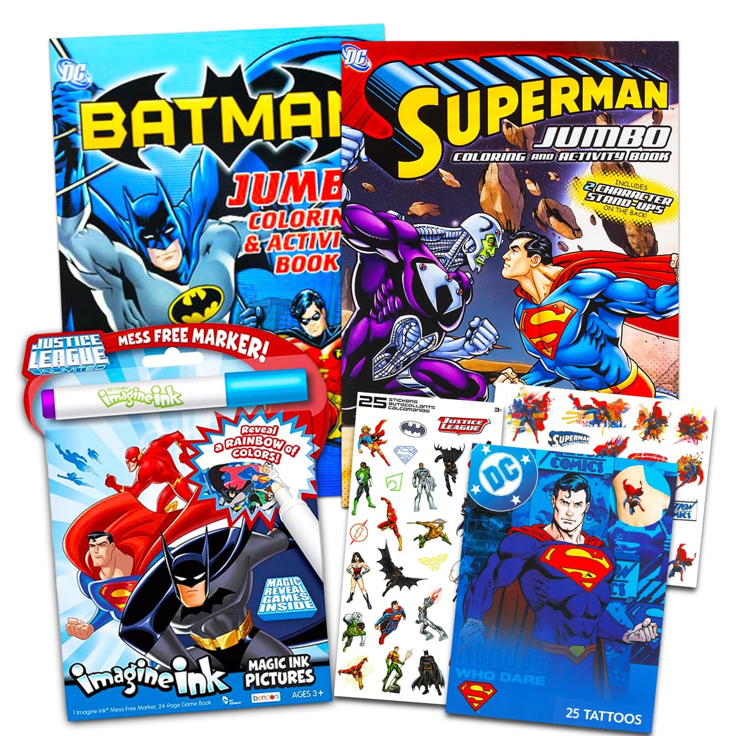 Super Hero Coloring Book Super Set - Bundle with 3 DC Comics Justice League Activity Books, Stickers and Temporary Tattoos (Superhero Party Favors)