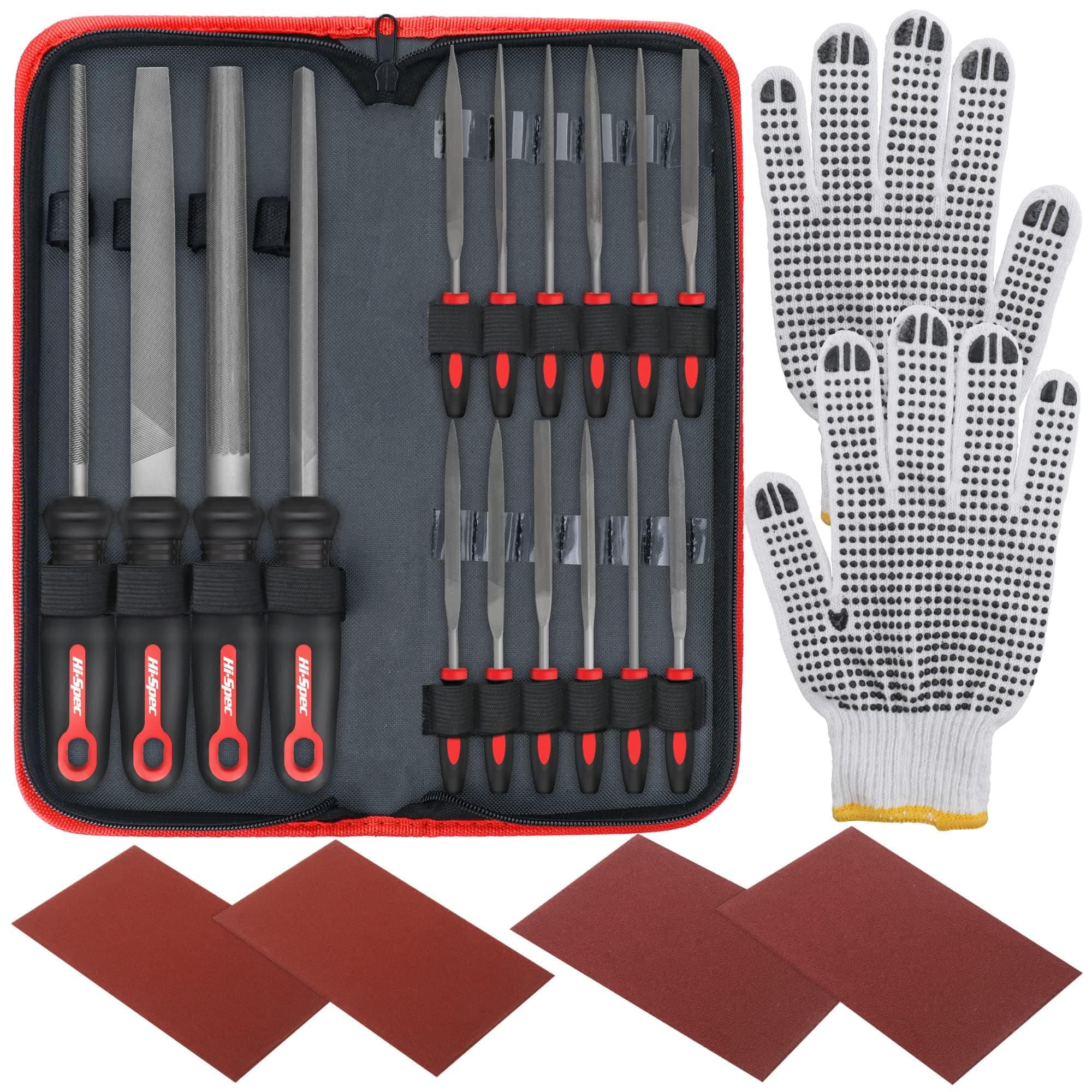 Hi-Spec 16pc Metal Hand & Needle File Tool Kit – Mini and Large Steel Files with Carry Case and Gloves for Household Projects, Crafts, Wood & Metal Shaping