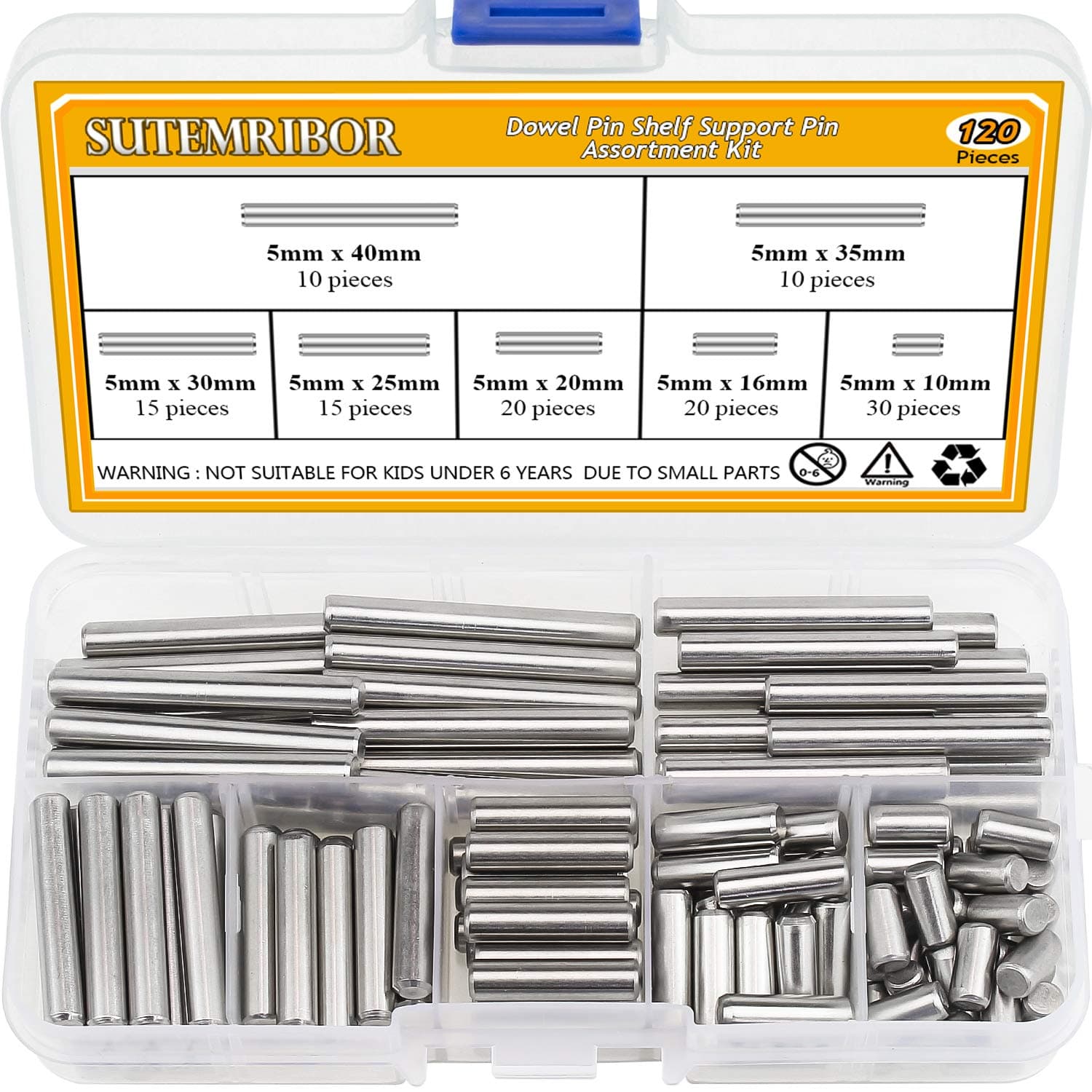 Sutemribor 120 PCS 7 Sizes Dowel Pin Kit, Shelf Support Pin Fasten Elements Assortment Kit, 304 Stainless Steel