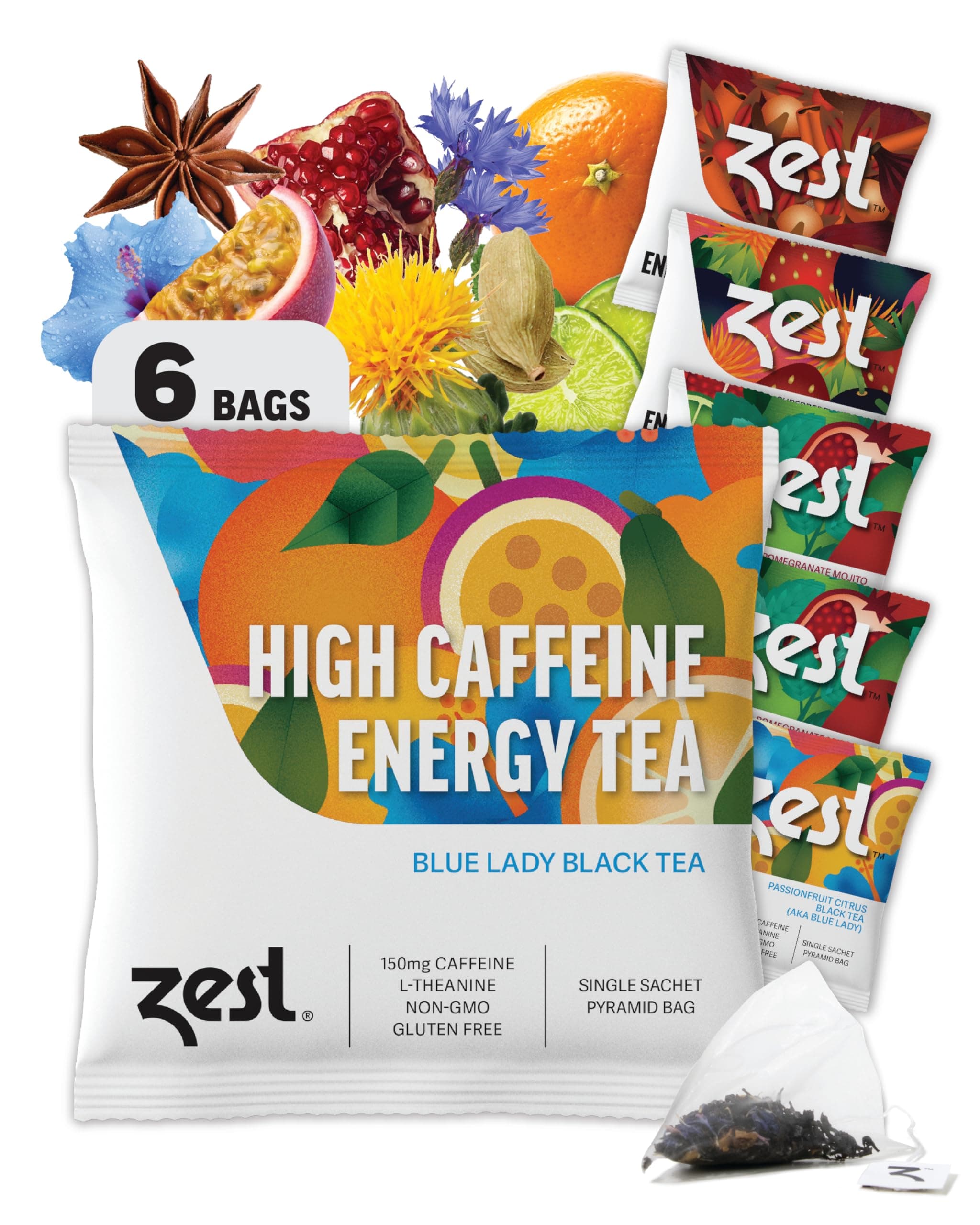 Energy Tea Assortment Box – High Caffeine Tea Bags Sampler with Black & Green Tea – Caffeinated Coffee Alternative for Morning Focus – 6 Tea Bags – 135-150mg Caf per Cup – Natural, Non-GMO, Keto