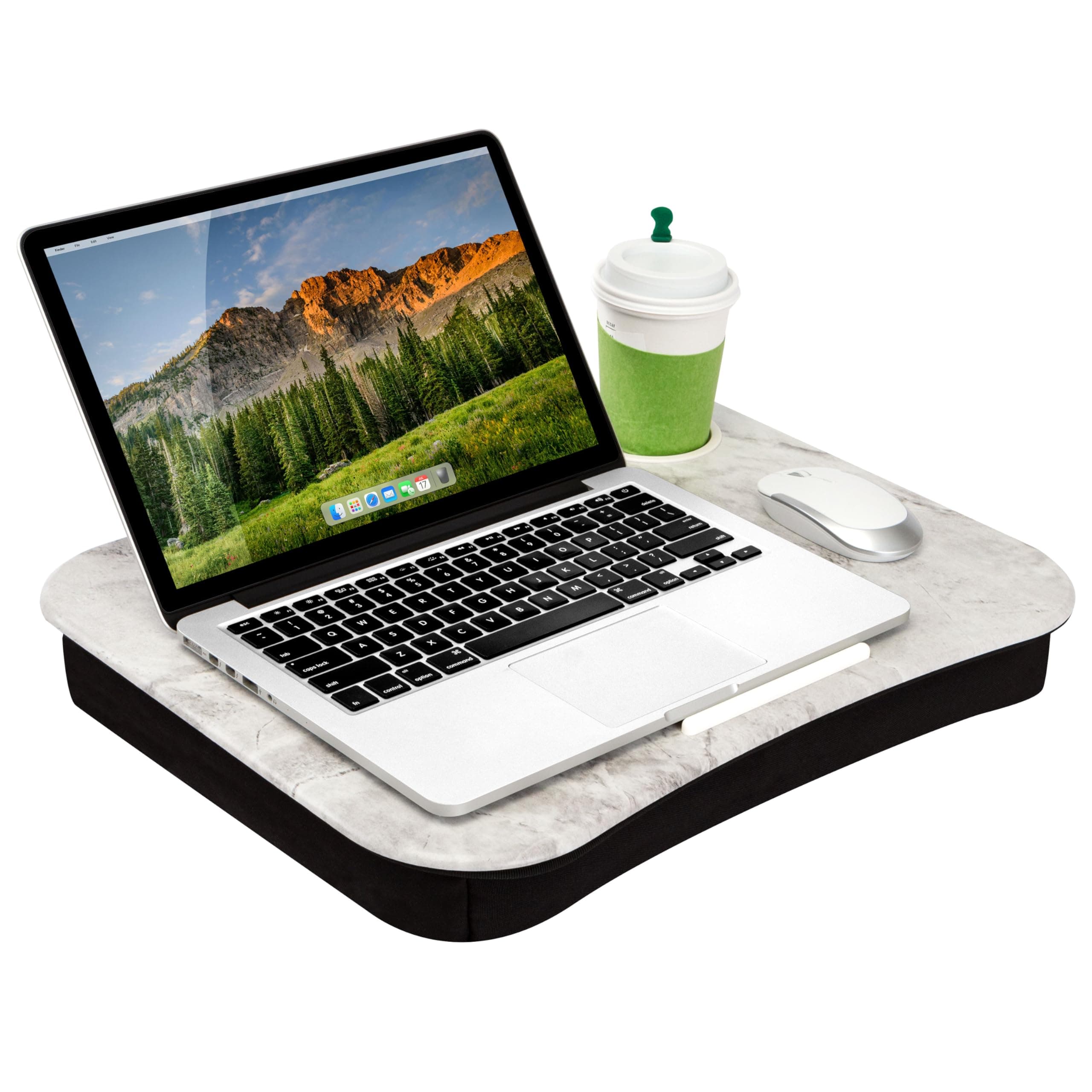 Cup Holder Lap Desk with Device Ledge - White Marble - Fits Up To 15.6 Inch Laptops - style No. 46305