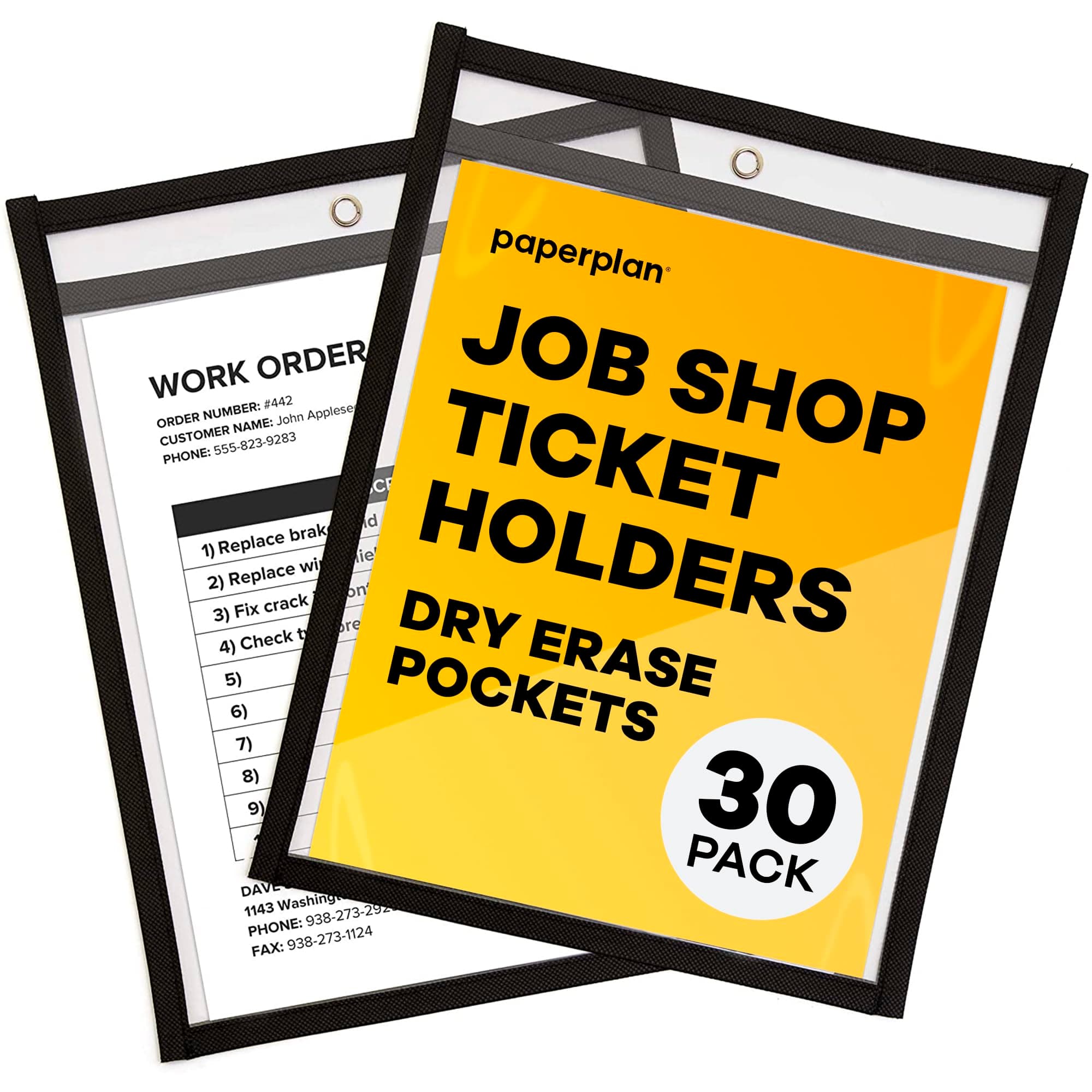 Job Ticket Holders 9x12 - (30 Pack), 8.5 x 11 Letter Size, Dry Erase Pockets, Clear & Black Plastic Sleeves - Reusable, Water-Resistant