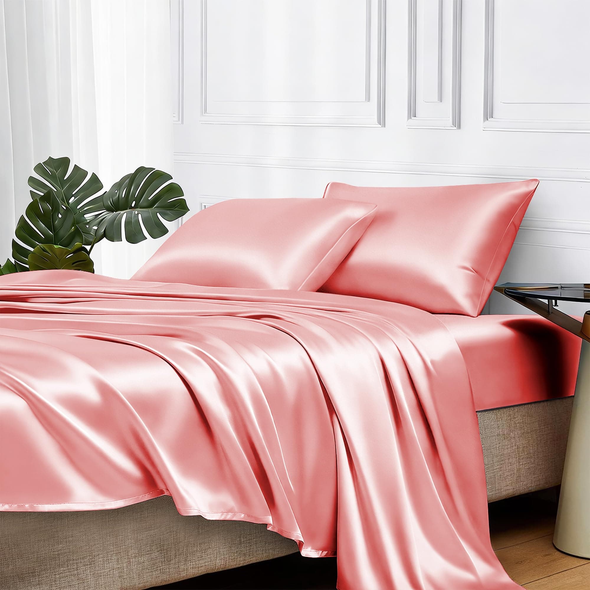 MR&HM Satin Bed Sheets, Queen Size Sheets Set, 4 Pcs Silky Bedding Set with 15 Inches Deep Pocket for Mattress(Queen, Blush)