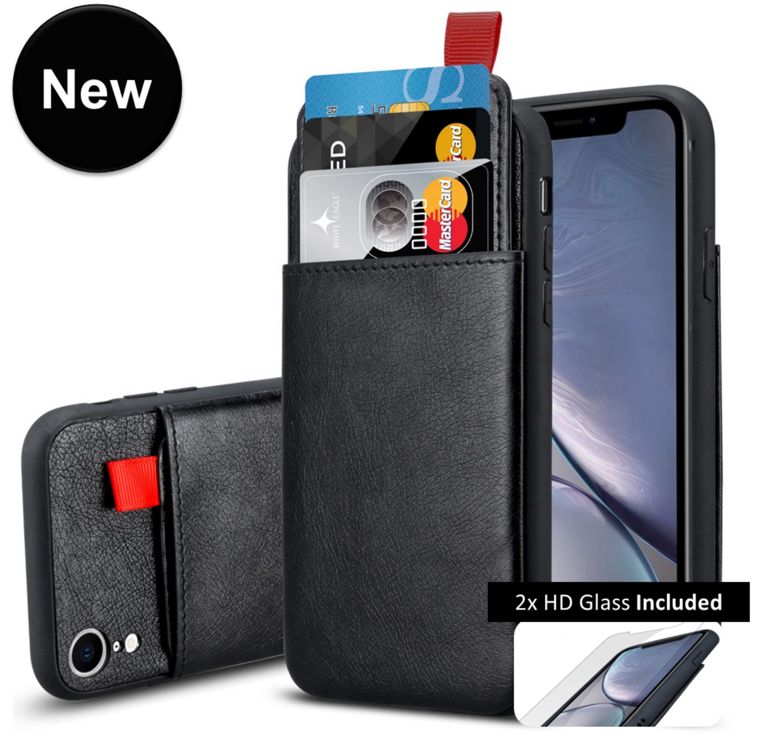 GuaGua iPhone XR Vegan Leather Case with 2 Screen Protector, Card Holder Money Pocket Protective Hard Cover Cases for iPhone Xr 6.1 Inch, and Tempered Glass Protection - Black