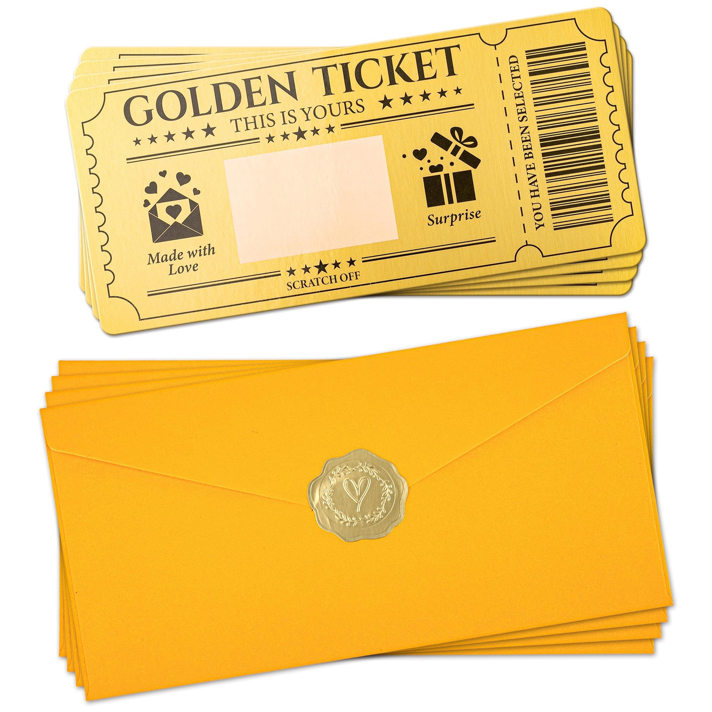 12 Sets Golden Ticket Custom Scratch off Cards with Envelope and Stickers Surprise Gift Certificates for Birthday Concert Wedding Movie Vouchers Raffle Coupons