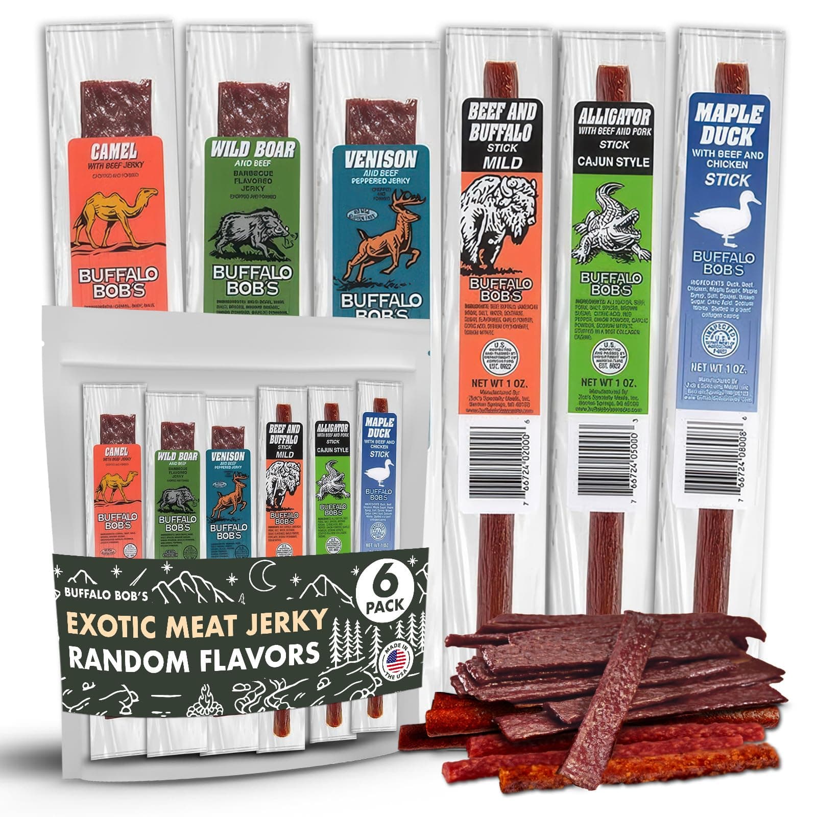 Buffalo Bob's Wild Game Meat Snacks (6 Pack) | Exotic Snack Sampler Box | Gift Baskets for Men | Beef Jerky Gifts | Dad Snack | Random Gifts for Men | Jerky Gift Set | Random Pack