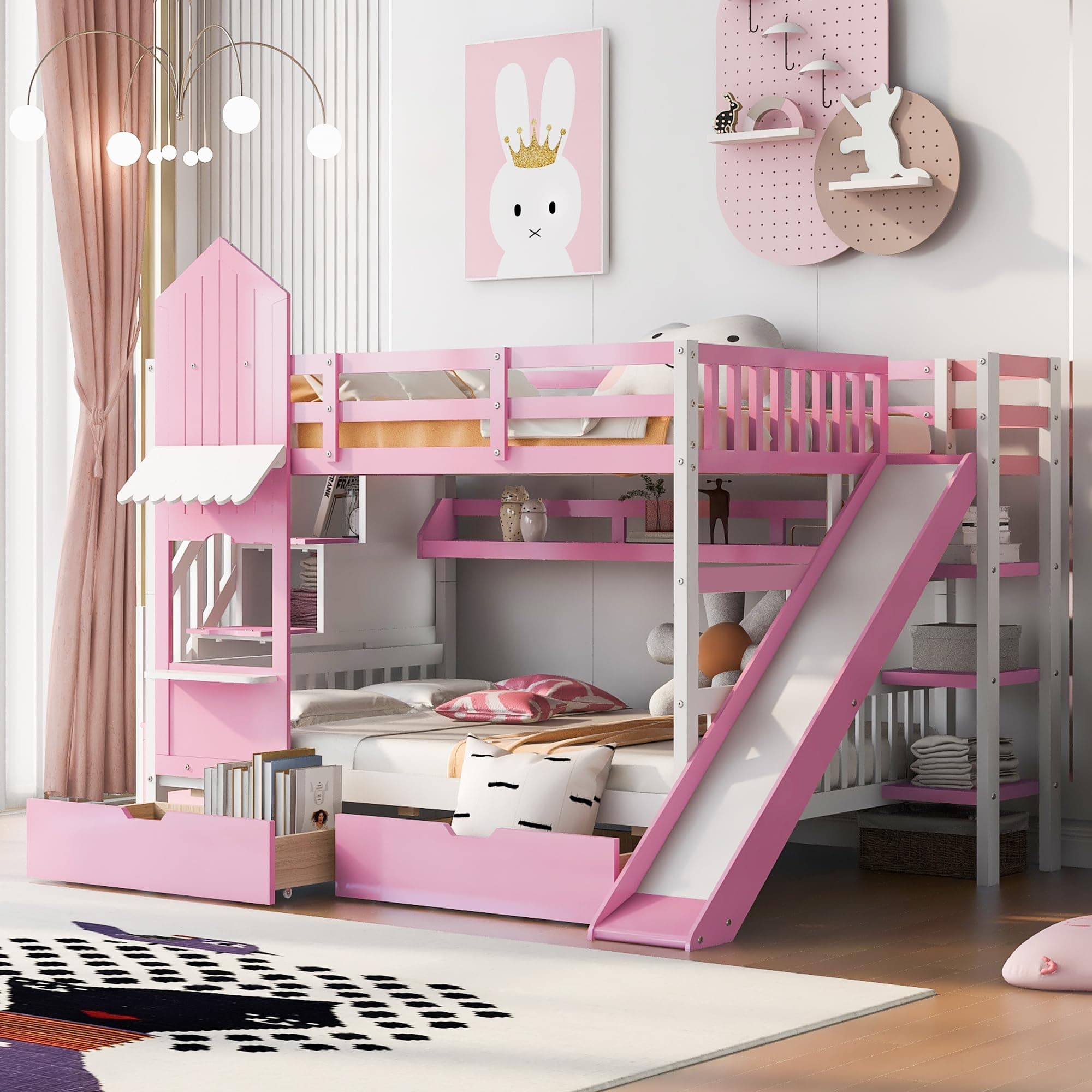 Full-Over-Full Castle Style Bunk Bed with 2 Drawers and 3 Shelves, Wooden Bed Frame with Safety Guardrail and Storage Staircase, House Bed with Slide (Pink-066)