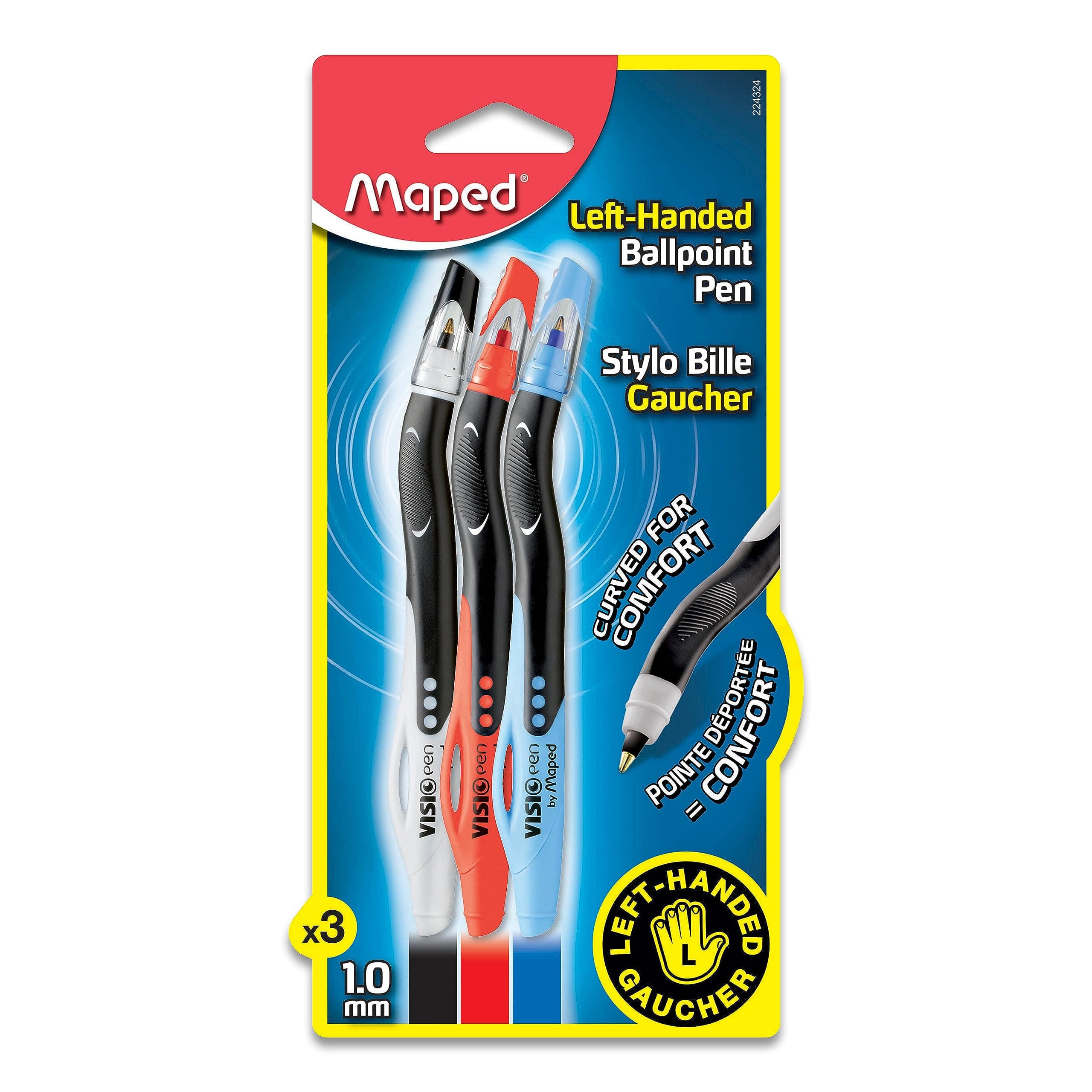 Maped - Visio Left-Handed Quick-Drying Ballpoint Pen - 3 Pack - Writing Notes - Left-Handed Design - Quick-Drying Ink for Smudge-Free Writing - Comfortable Grip, Versatile Colors