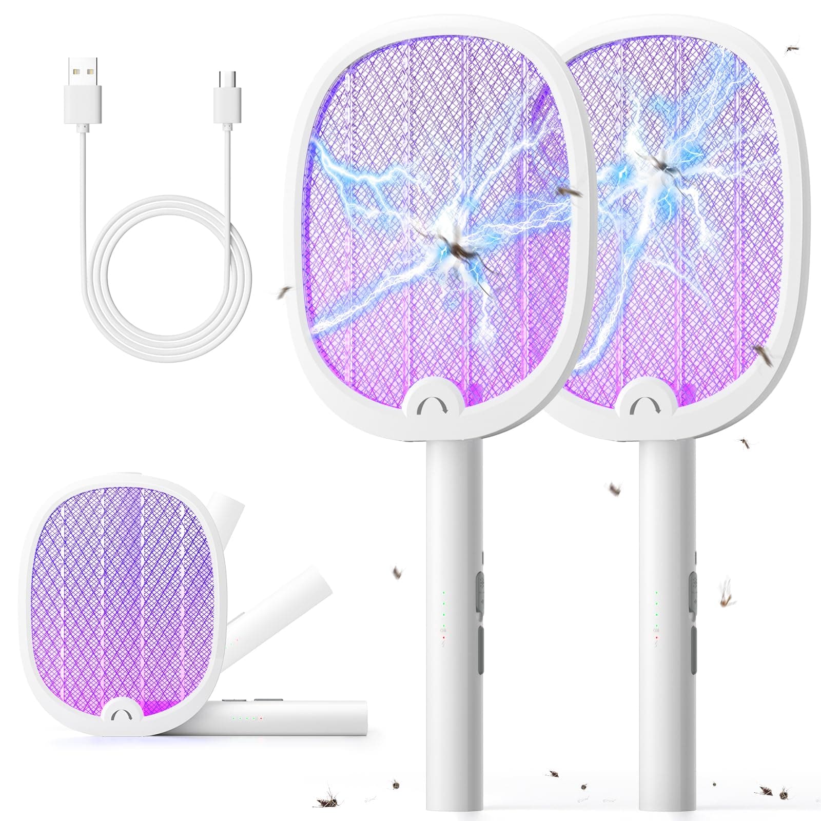 YISSVIC Electric Fly Swatter Foldable Bug Zapper Racket 2 in 1 Mosquito Killer with Purple Attractant Light Rechargeable 1800mAh for Indoor Home Backyard Patio Camping