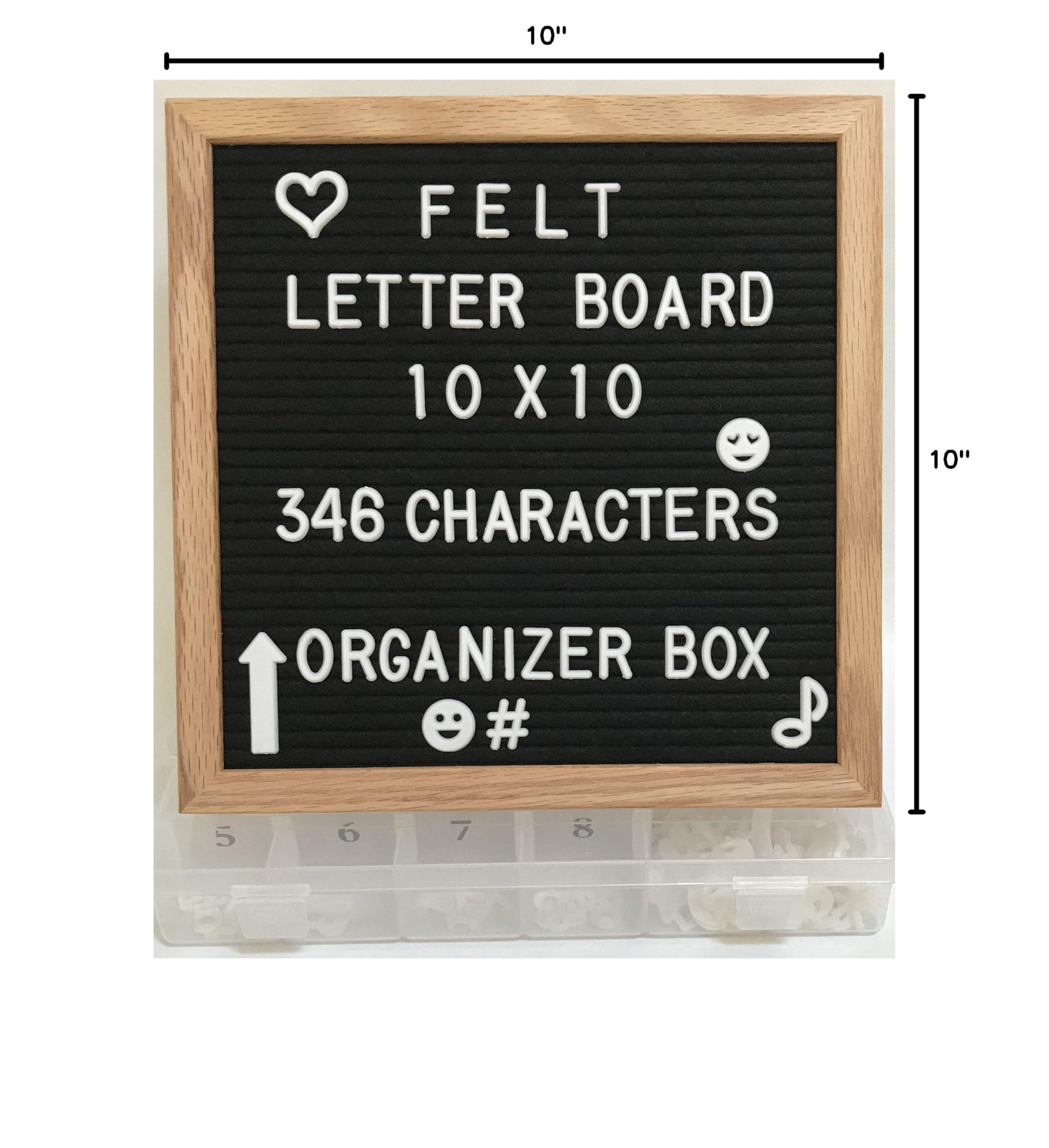 Felt Letter Board Set - Black - 10x10 Oak Wood Frame - Includes 346 3/4 inch White Letters with Organizer - Changeable Messages Great for Kids or Business