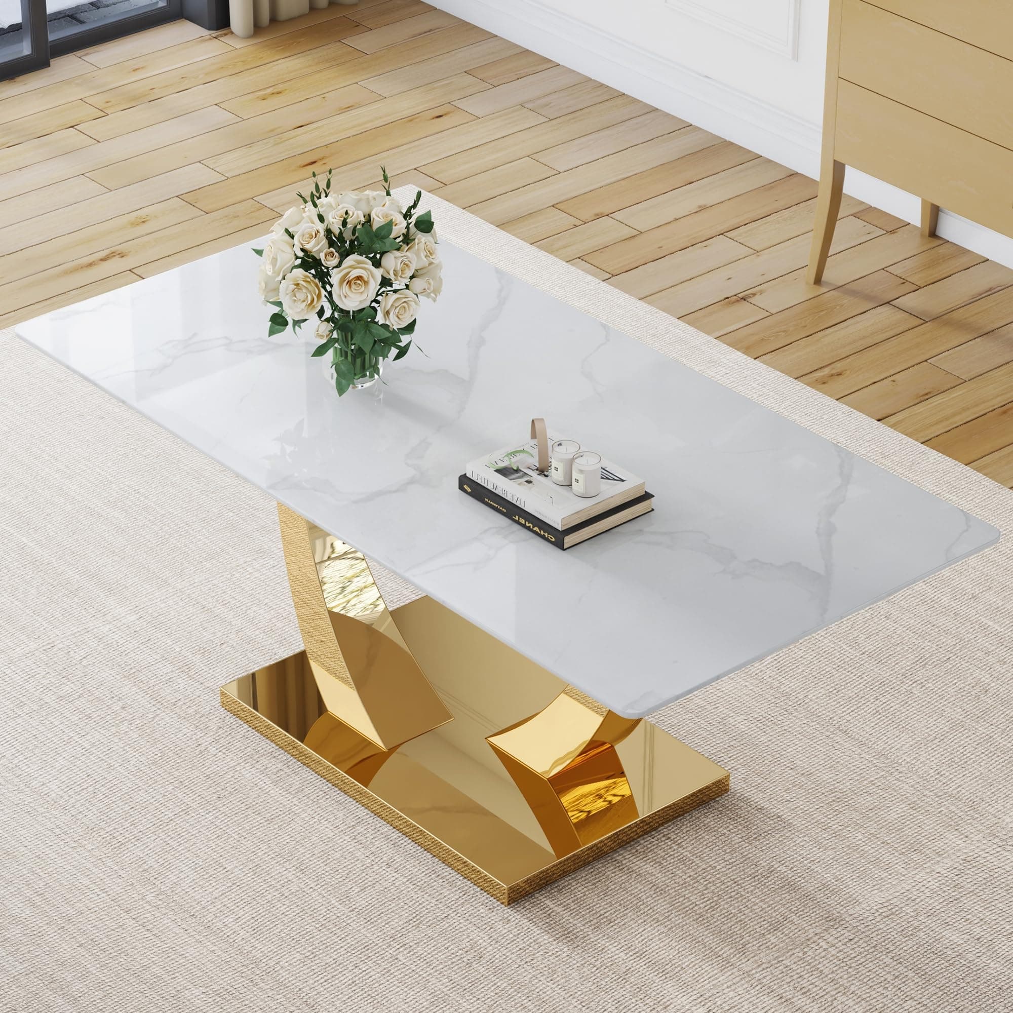 71” White Dining Room Table for 6-8, Gold Kitchen Table for Dining Room,0.4 Thickened Tempered Glass Top Table with Golden Rectangular Base