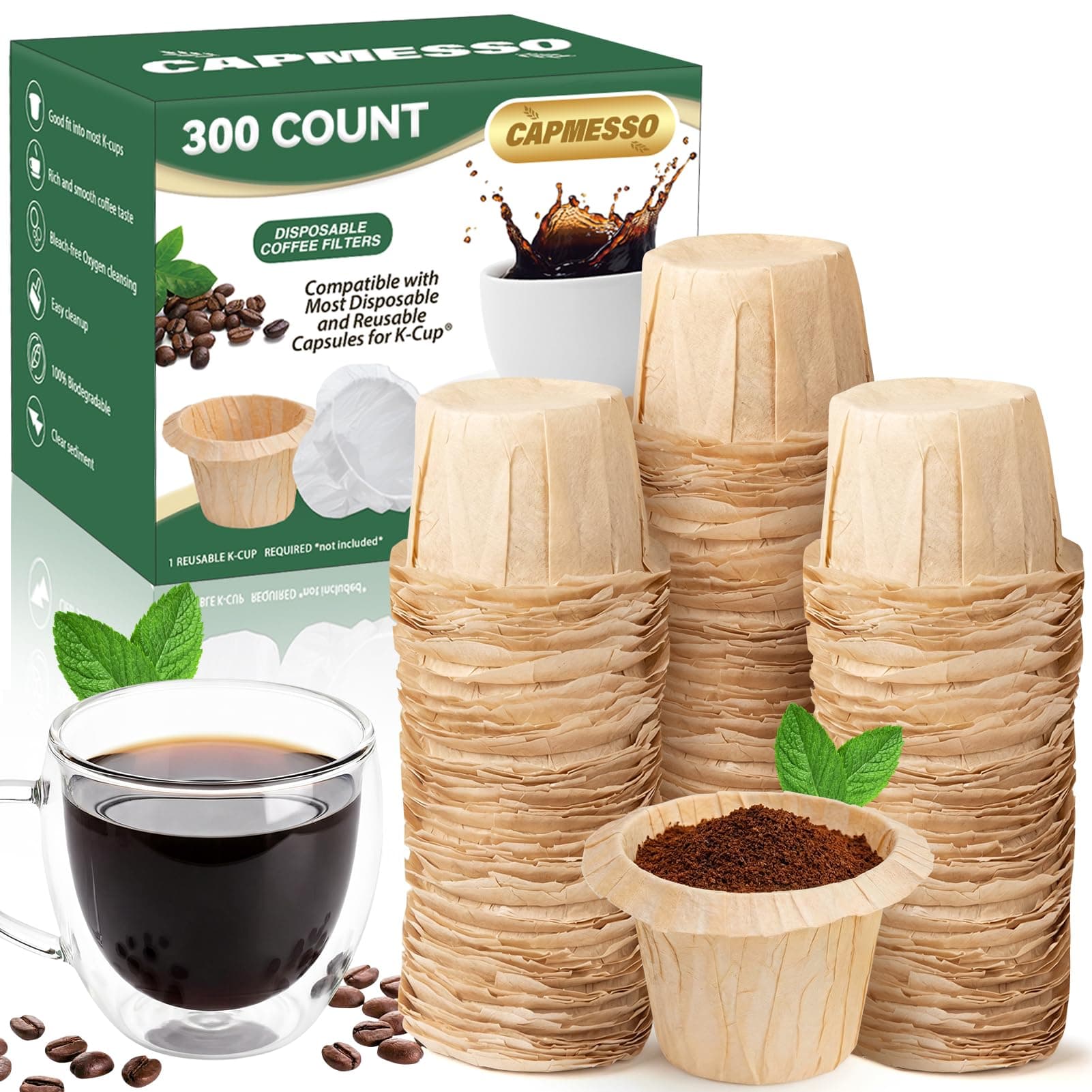 Disposable Coffee Paper Filters Replacement Keurig Filter Compatible with Reusable Single Serve Pods Keurig Coffee Maker-300 Count (Natural)