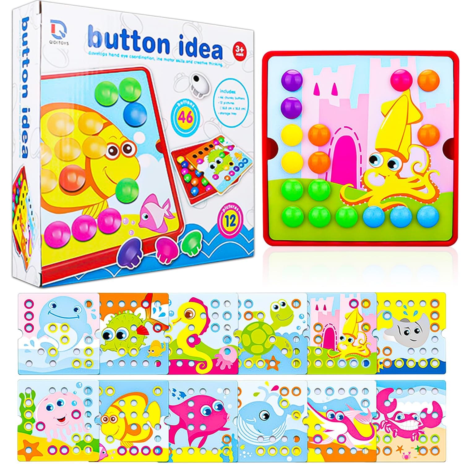 DelsenMosaic Plug-In Game from 2 Years, Children's Game for Learning Colours, 20 Cards and 46 Beads Children's Games Preschool Game Colourful Assignment Game Gift for Boys Girls 2, 3, 4 Years