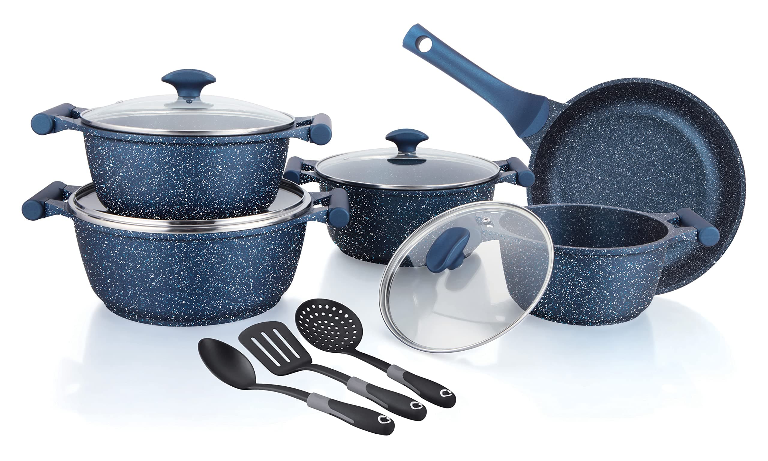 Essentials Granite 12 Piece Non-Stick Cast Aluminium Cookware sets | Induction Base | Non Stick Aluminium | Granite Casserole | Granite Fry Pan Blue