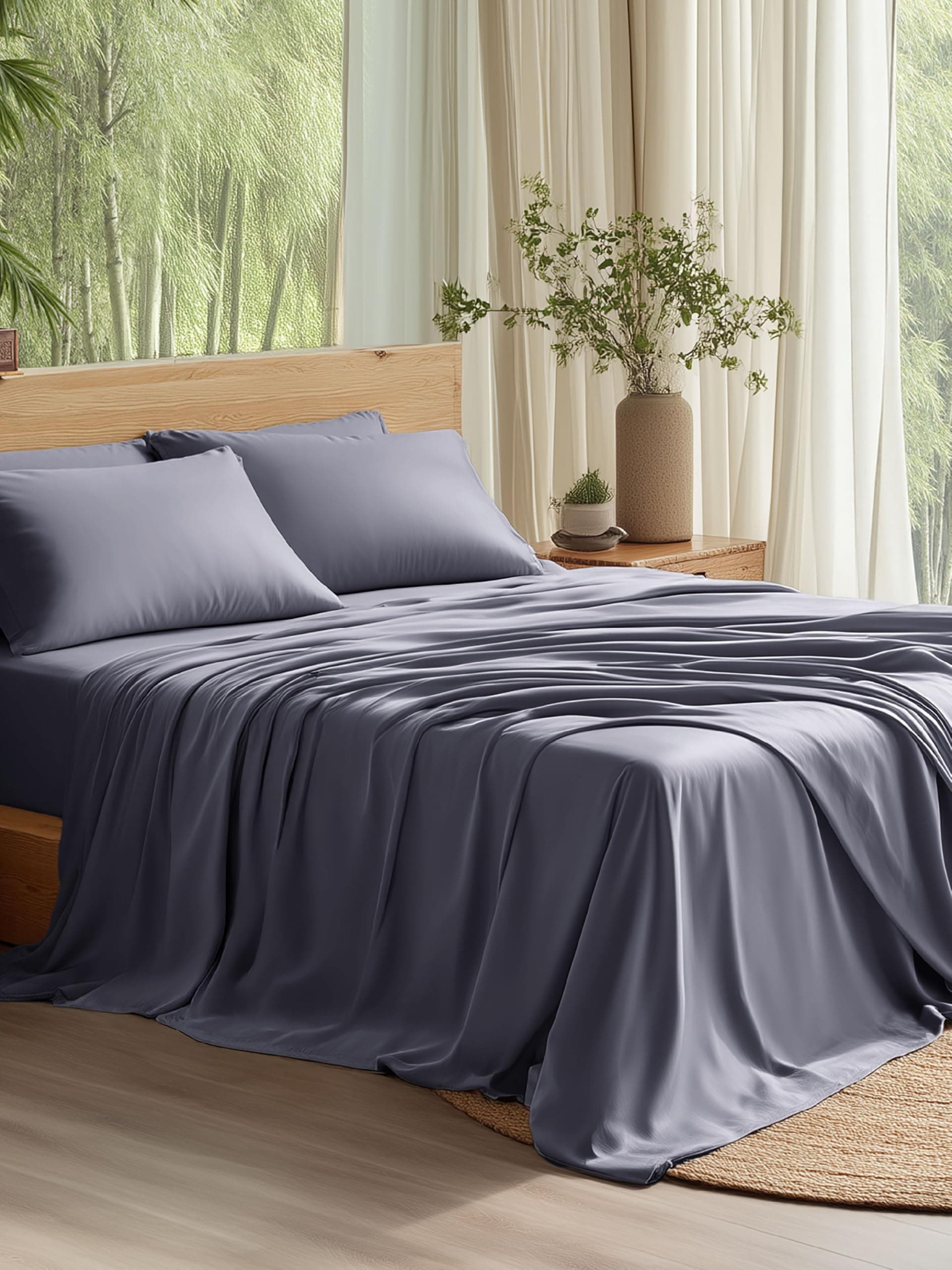 Queen Sheet Set, Cooling Sheets for Queen Size Bed Set, Rayon Derived from Bamboo, Breathable & Soft, Deep Pocket Up to 16", Hotel Luxury Silky Bedding for Hot Sleepers, Dark Grey