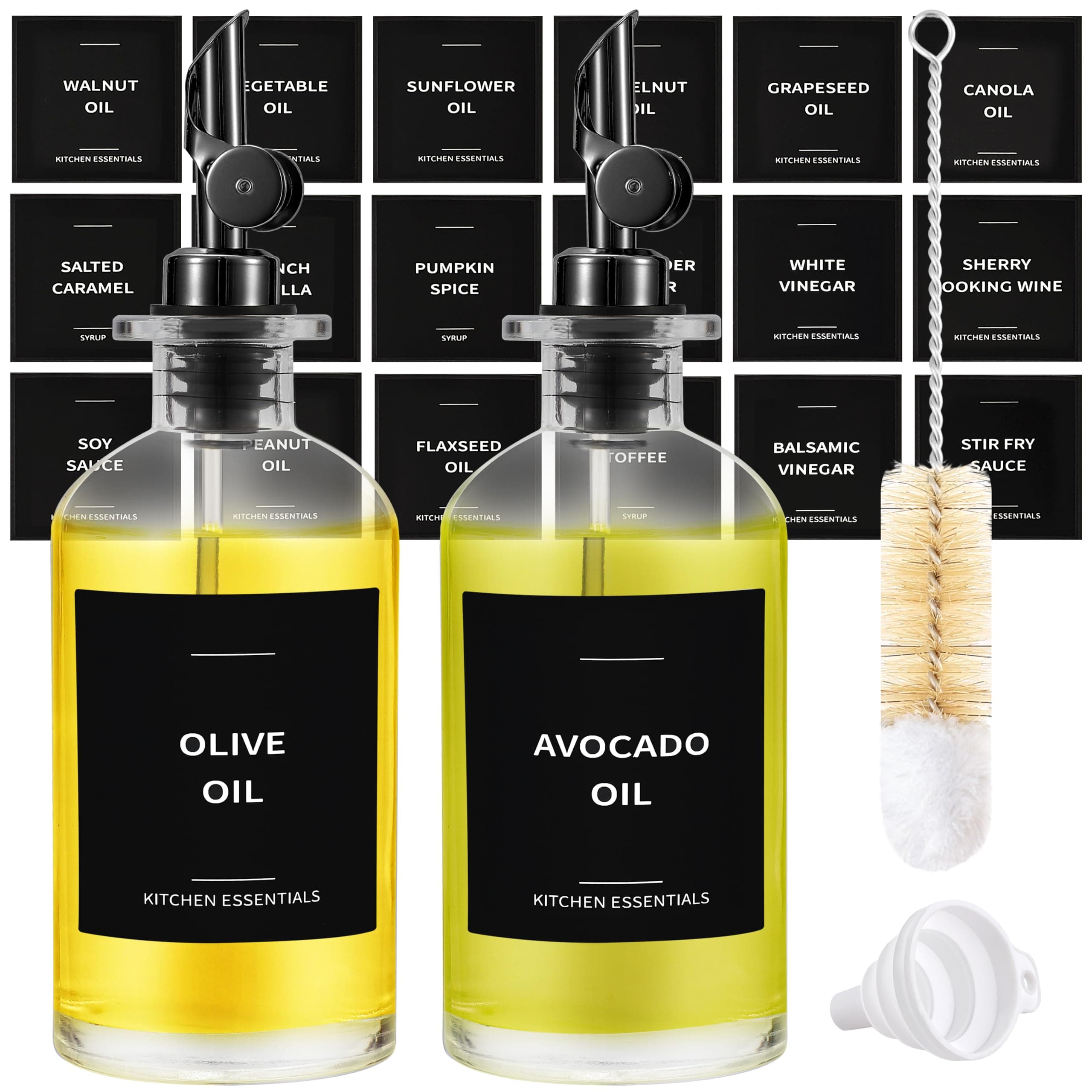 Spaceneat Olive Oil Dispenser Bottle - Includes 55 Kitchen Essential Labels - Cooking Oil Bottles for Kitchen, Coffee Syrup Dispenser - Pourer Spout with 11.8 fl oz Glass Container Cruet - 2pcs, Black