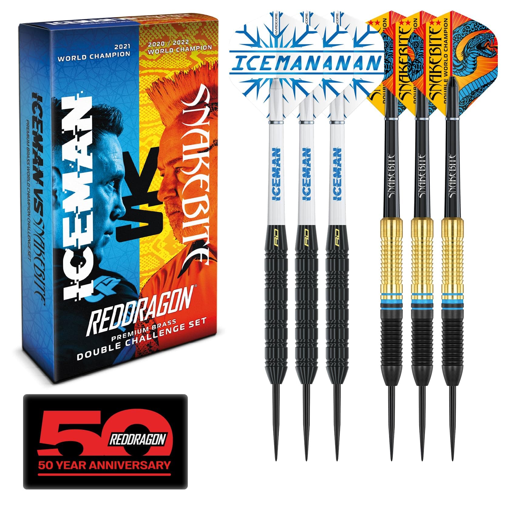 – RED DRAGON Darts - Peter Wright 'Snakebite' v Gerwyn Price 'Iceman' DWC - Professional Brass Darts Set with Dart Flights and Shafts (Stems)