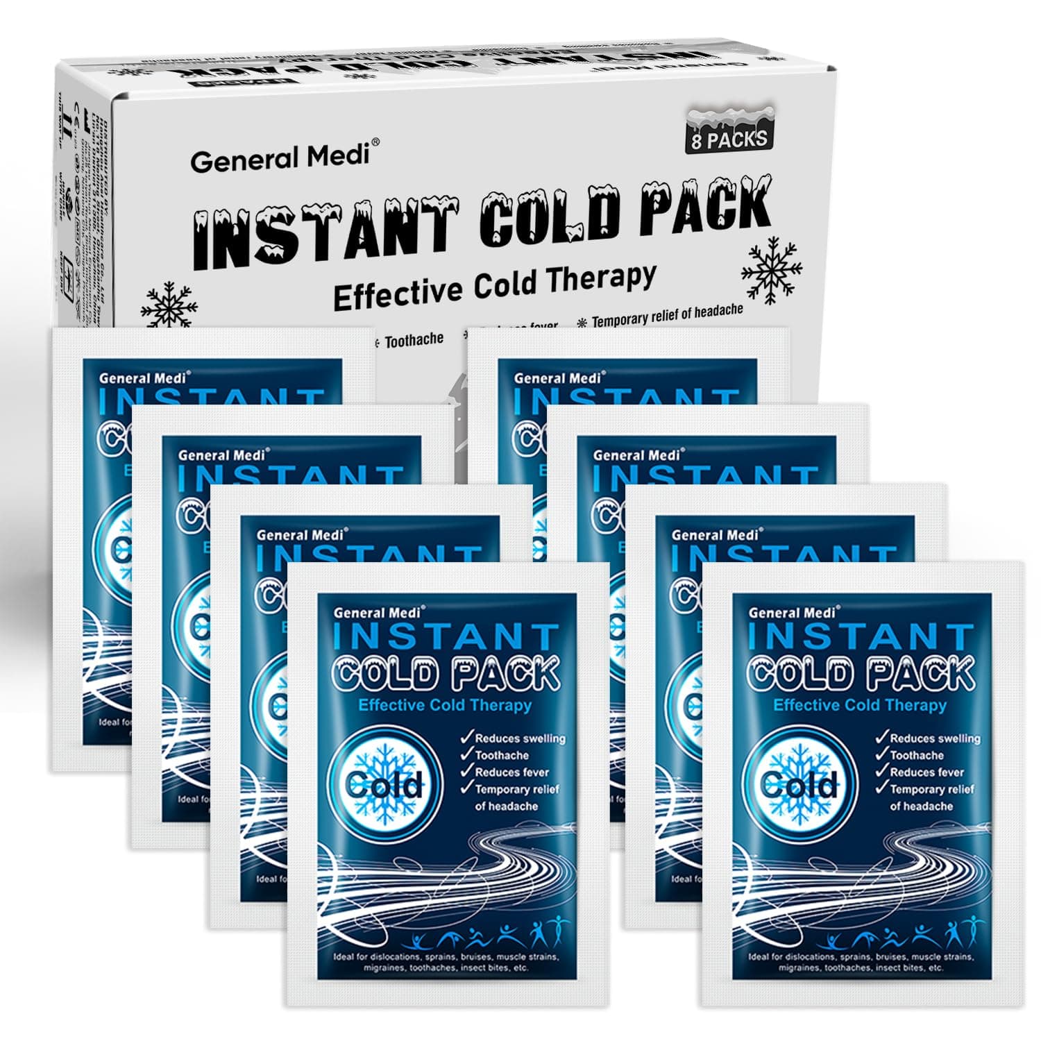 General Medi Instant Ice Cold Pack (4”x 5.5”) – 8 Packs Disposable Cold Therapy Ice Packs for Pain Relief, Swelling, Inflammation, Sprains, Toothache – for Athletes & Outdoor Activities