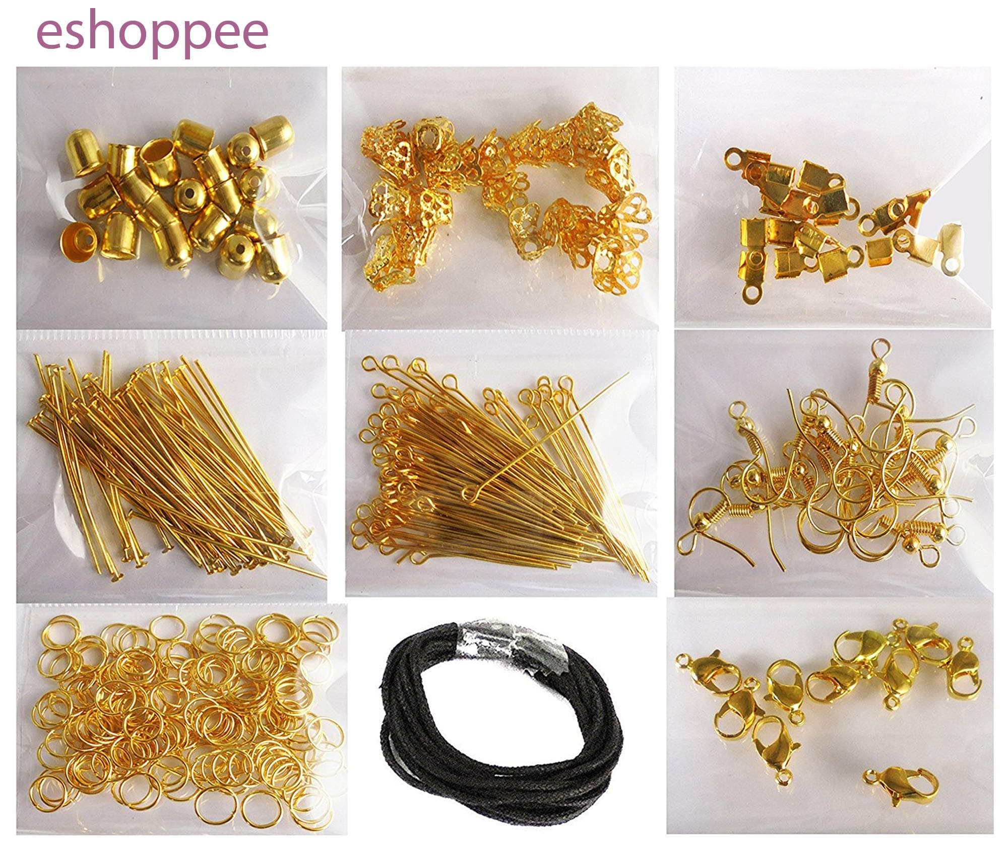 eshoppee Jewellery Making Material kit Includes Lobster Claps, Jump Ring, keel, kunda, Earring, Necklace end Locking, Chhalle, Cap (Golden Fitting)