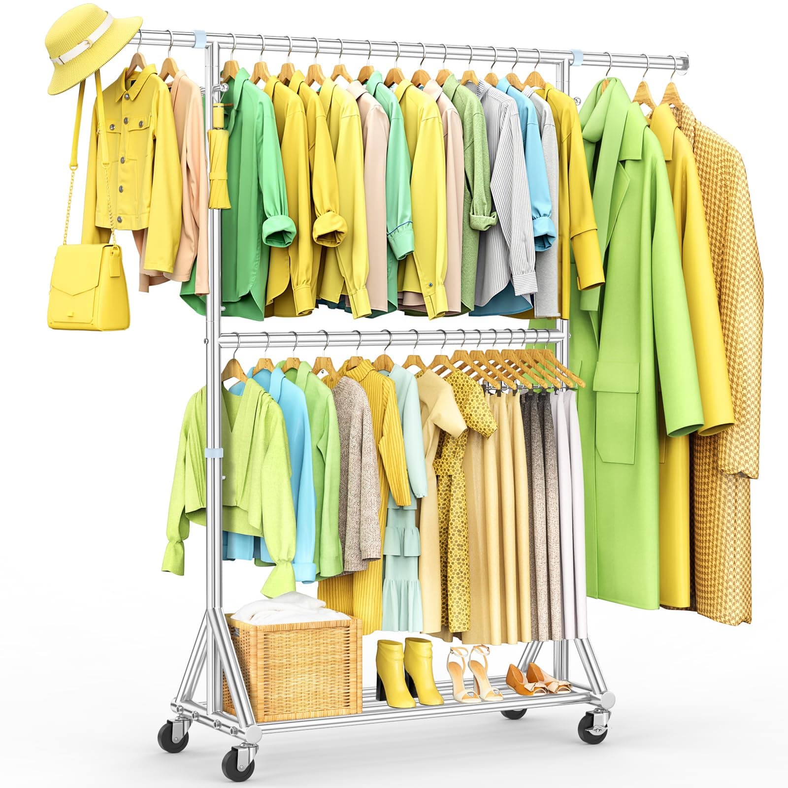 Heavy Duty Double Rods Clothes Rack Load 860LBS, Adjustable Portable Clothing Racks for Hanging Clothes, Rolling Garment Rack With Wheels Shelf, Sturdy Freestanding Closet Rack, 100% Stainless Steel