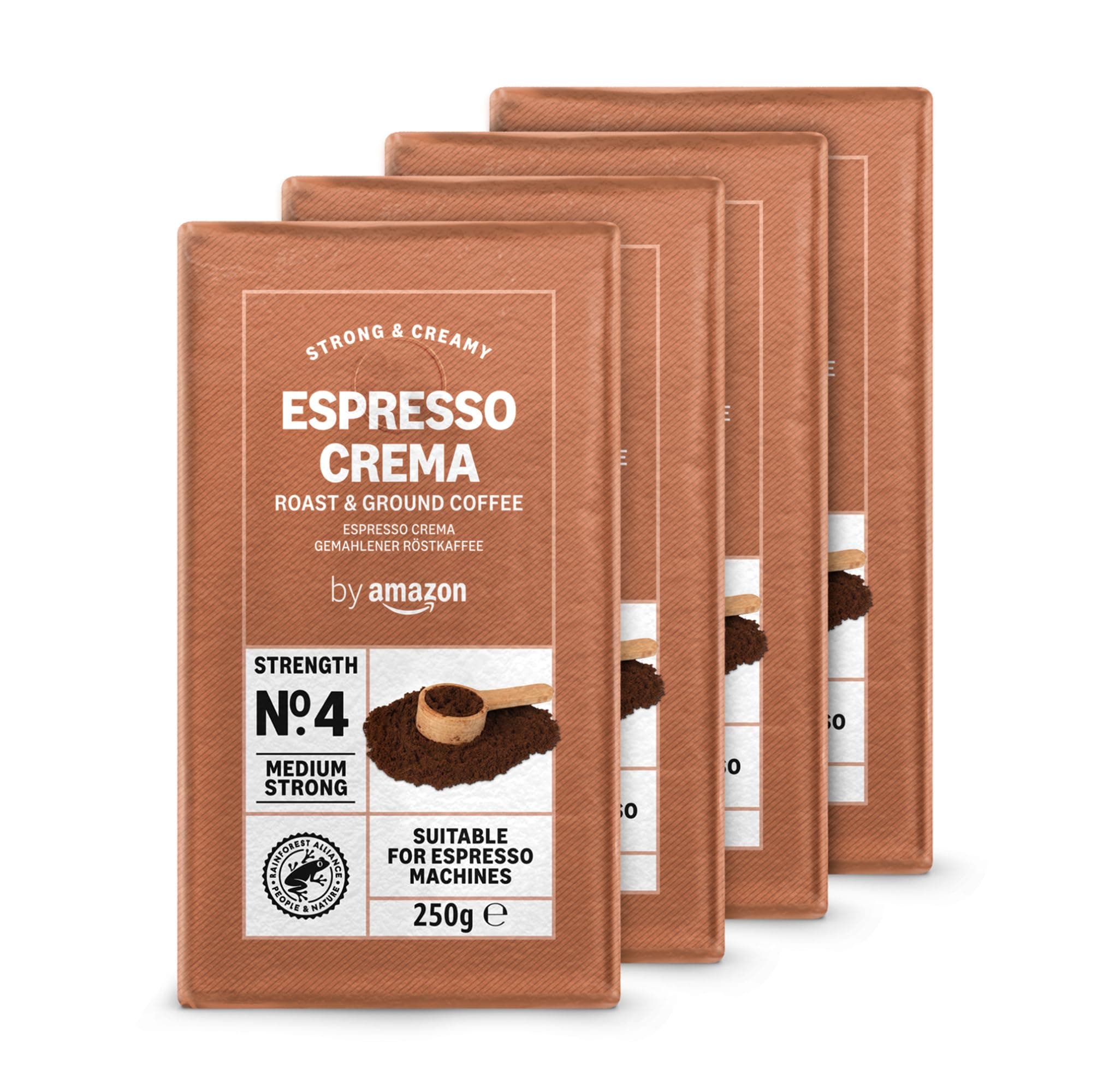 by Amazon Ground Coffee Espresso Crema, Medium Roast, 250 g, Pack of 4 - Rainforest Alliance Certified