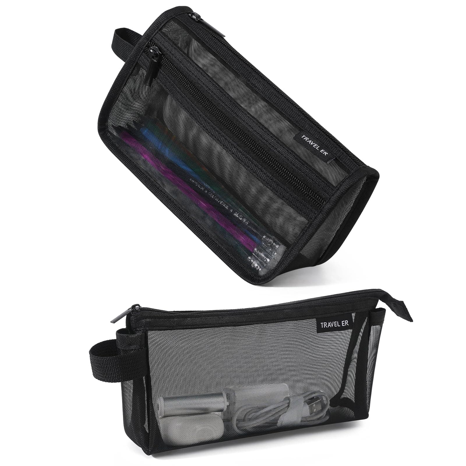 2-Pack Grid Mesh Pencil Case with Handle and Zipper, Double Layer Clear Pencil Pouch, Travel Makeup Bag and Small Toiletry Bag for Purse, Marker Pouch, College Essentials School Supplies (Black)