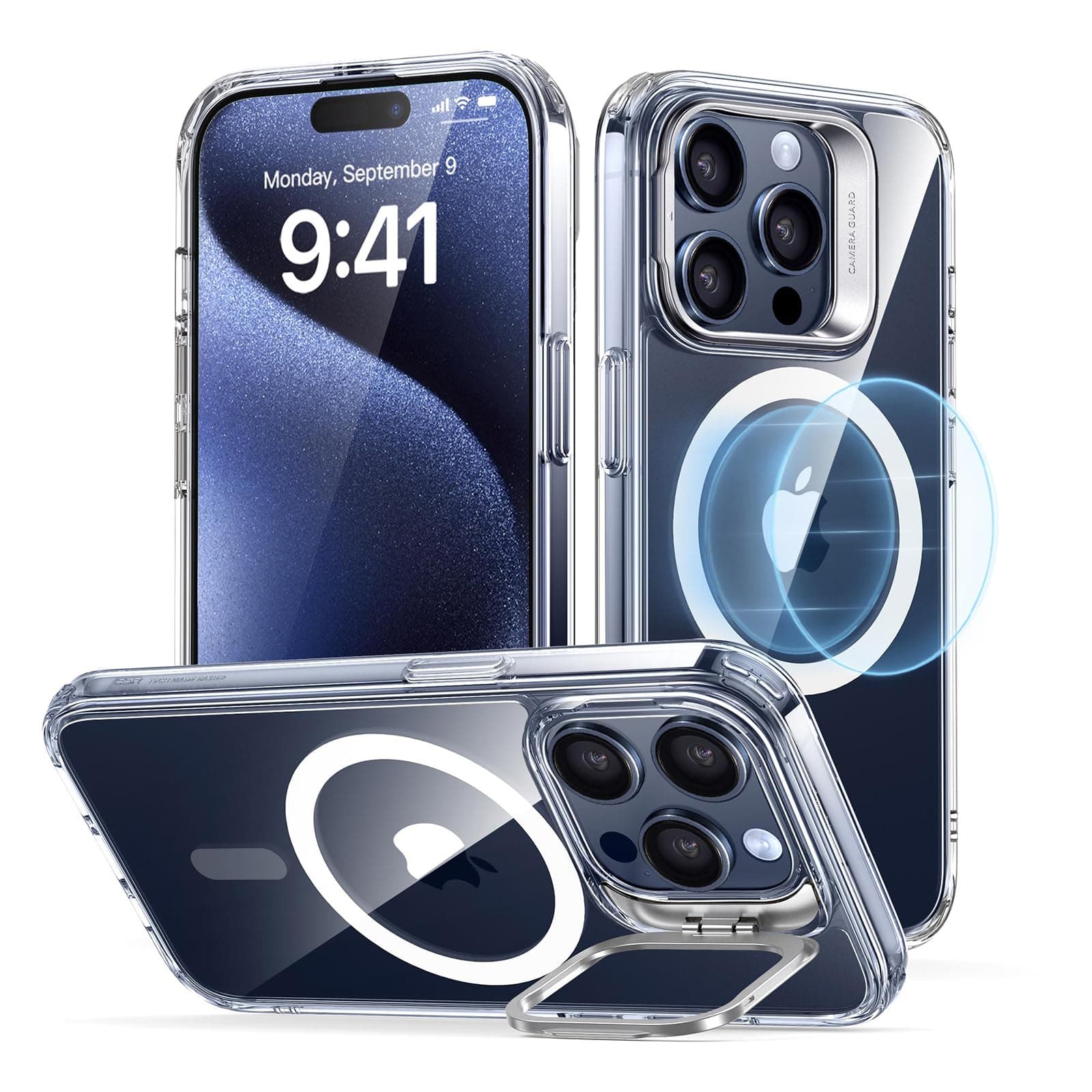 ESR for iPhone 15 Pro Case Cover, Compatible with MagSafe, Built-in Stash Stand Phone Case, Military-Grade Protective Case, Scratch-Resistant Back Cover, Classic Series, Clear