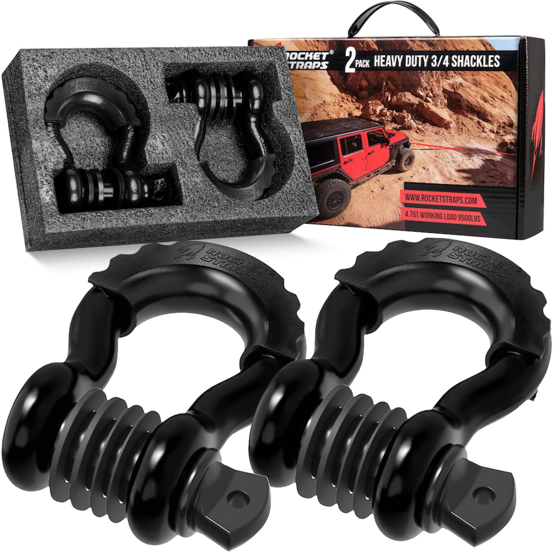 Rocket Straps Black D Ring Shackle | Premium Heavy Duty (2 Pack) D Ring Shackles (4.75 Ton) Break Strength – 3/4” Bow Shackle use with Tow Strap, Winch, Clevis, Truck Recovery, Towing Accessories