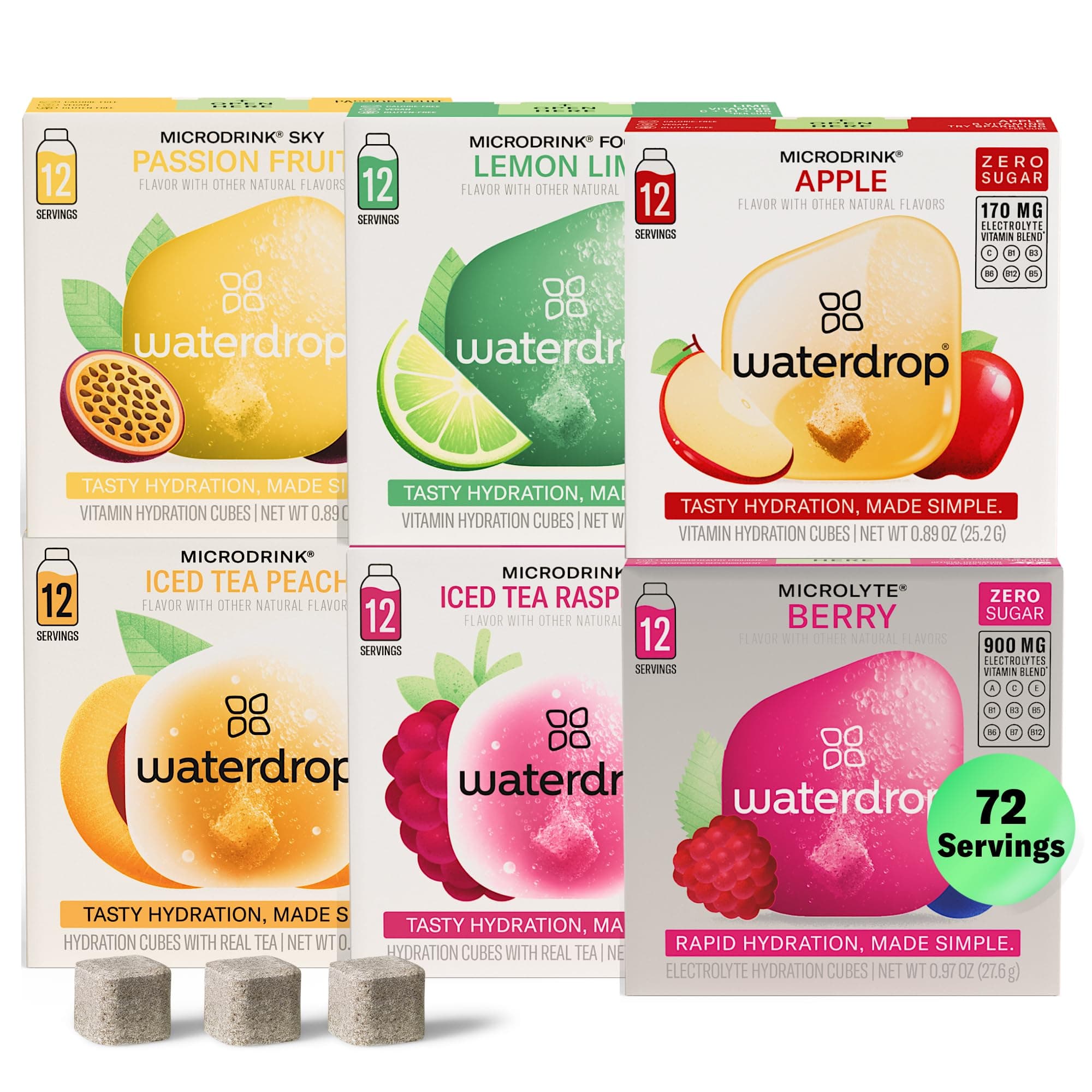 Waterdrop Hydration Cubes With Vitamin C, B Vitamins and Electrolytes, 6 Flavor Electrolyte Variety Pack, Flavored Water Enhancer Cubes for Still & Sparkling Water, Low Calorie, Sugar Free, 72 Count