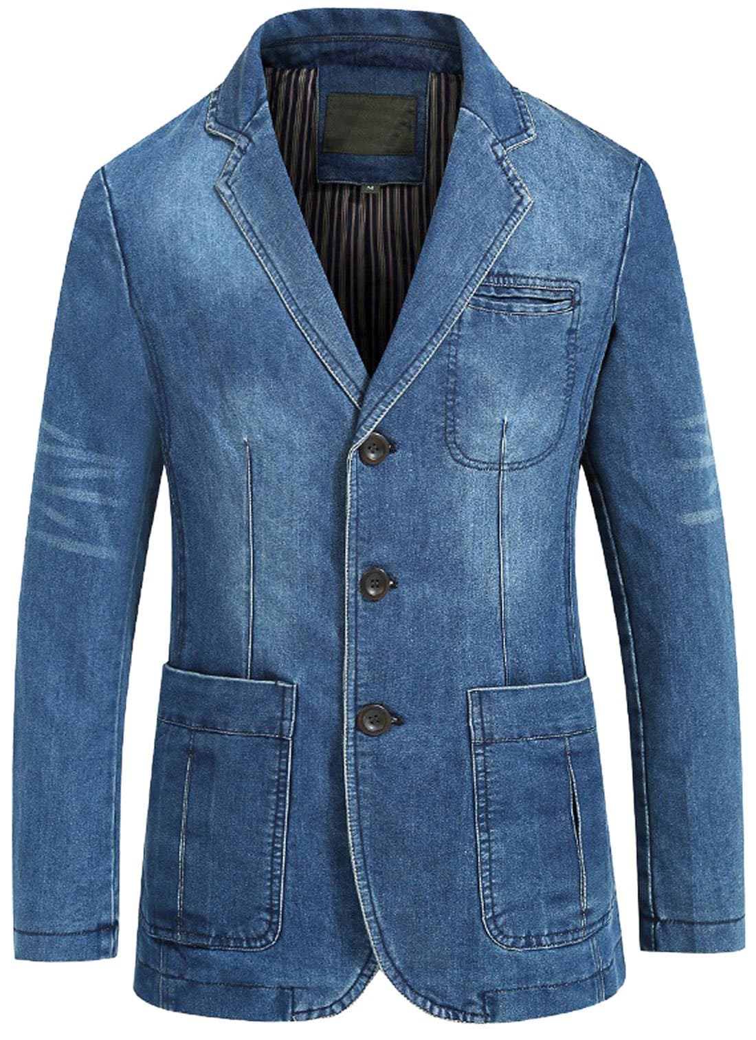 Men's Classic Notched Collar 3 Button Tailoring Distressed Denim Blazer Jacket