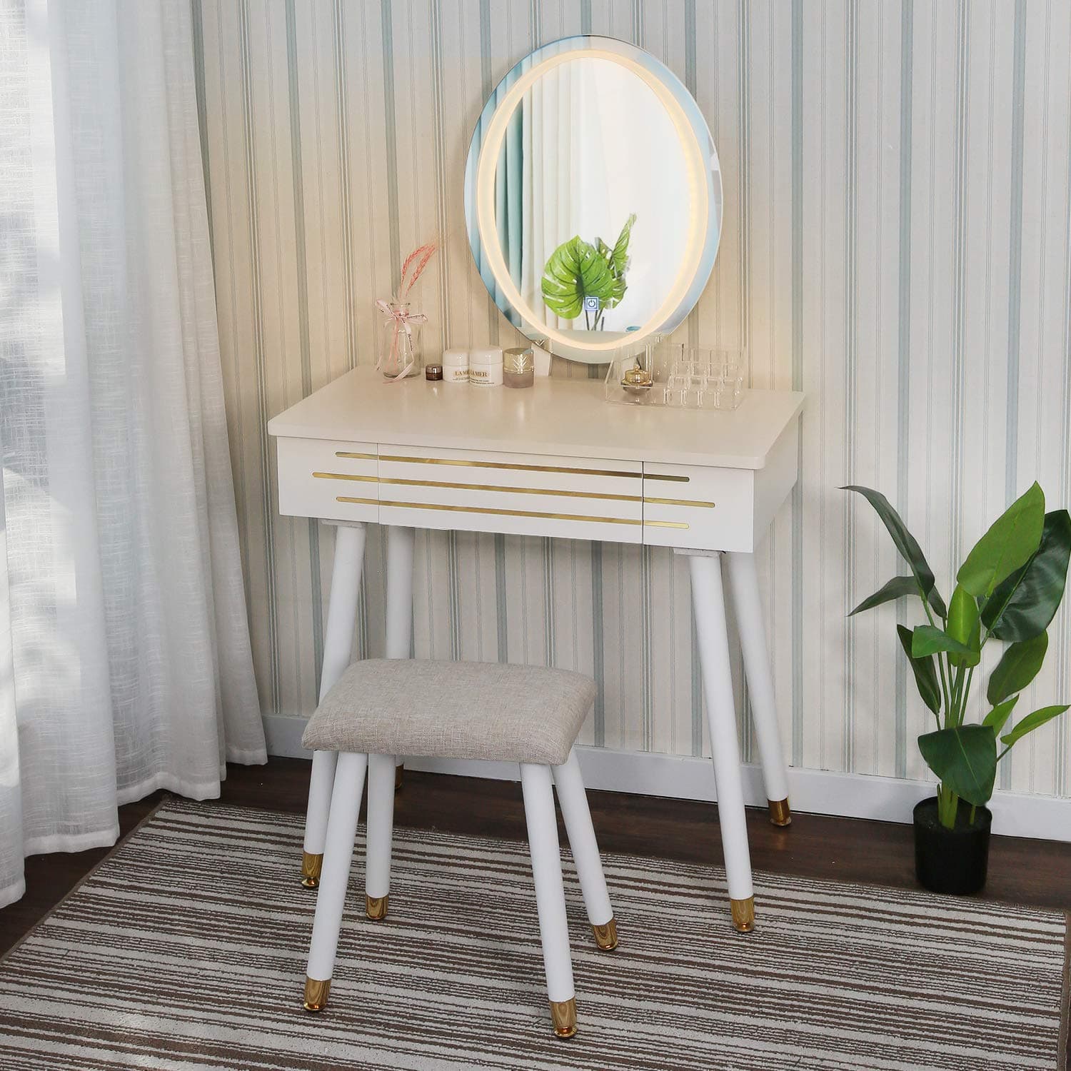YOURLITE Dressing Table with LED Lights Mirror - White Vanity Makeup Table Set with Adjustable Brightness Mirror, Cushioned Stool and Free Make-up Organizer (White+Gold)