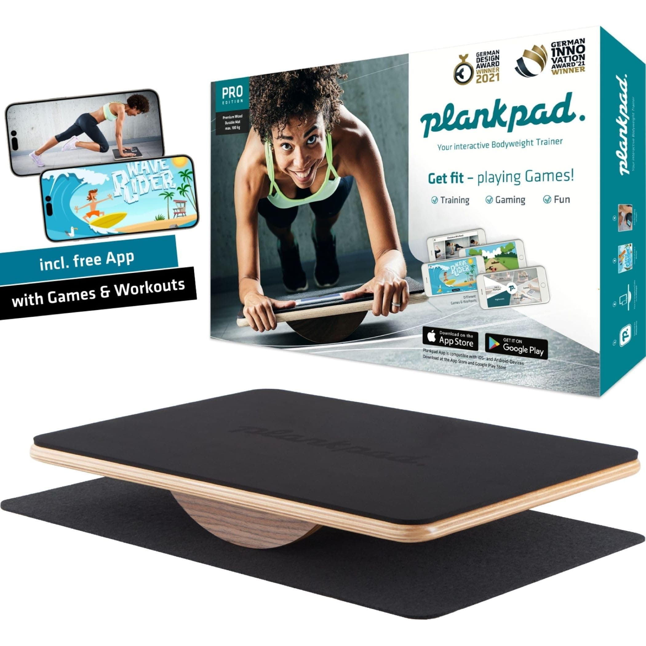 PRO - Interactive Balance Board for Full Body Training, Abdominal Muscle Plank-Trainer with Apps, Games and Workouts - Fitness-Hometraining for the whole family