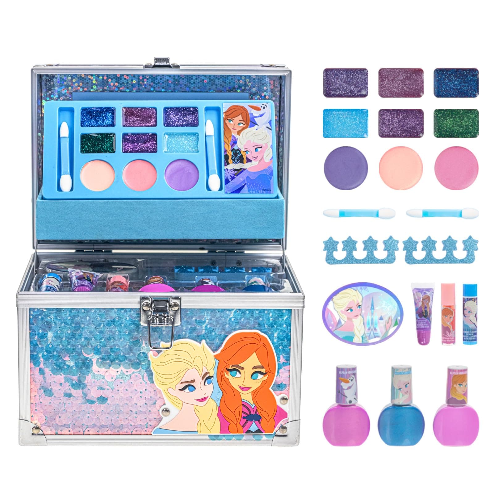 Disney Frozen - Train Case Cosmetic Makeup Set Includes Lip Gloss, Eye Shimmer, Brushes, Nail Polish Accessories & more! for Kid Girls, Ages 3+ perfect for Parties, Sleepovers & Makeovers