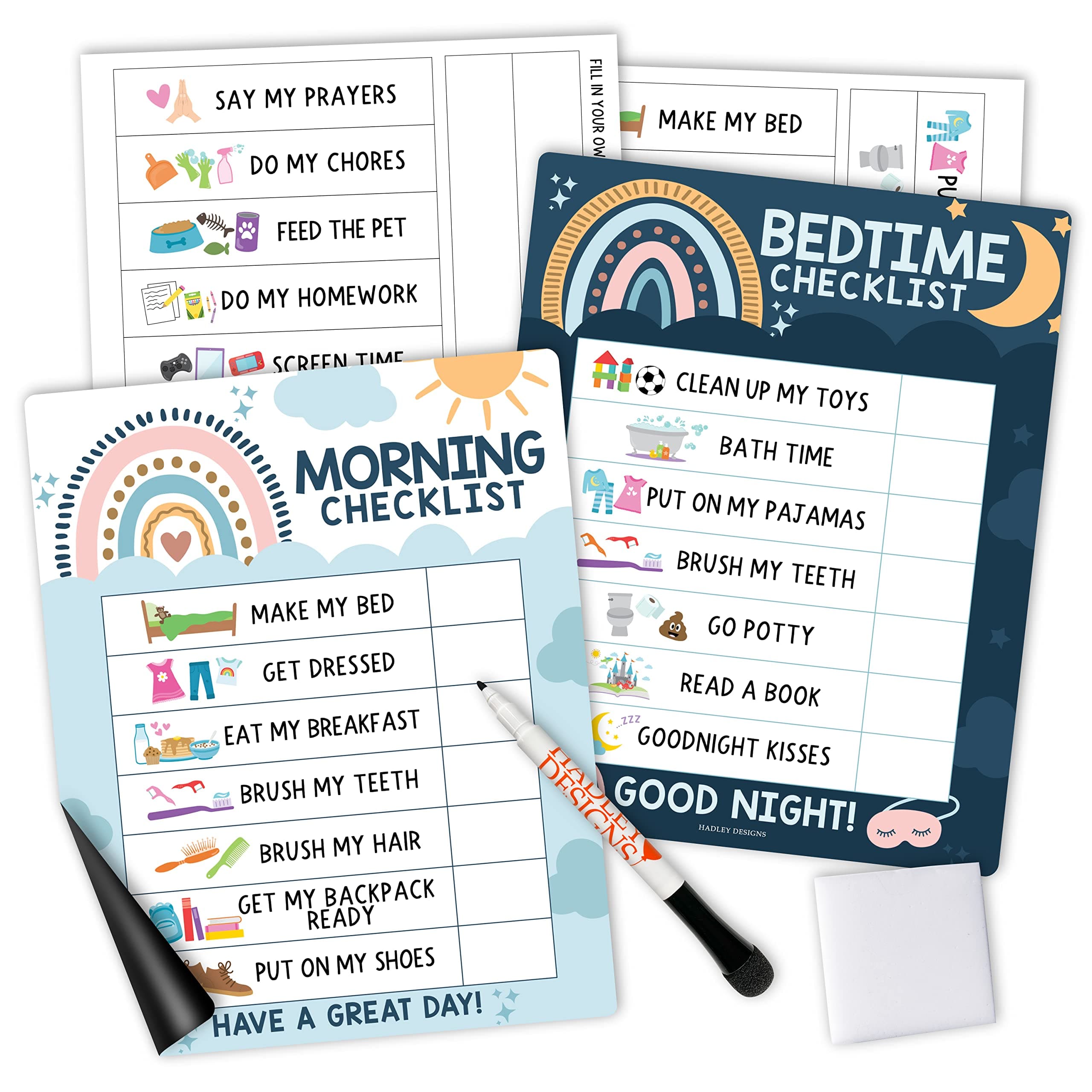 Magnetic Morning & Bedtime Routine Chart for Kids - Customizable Toddler Daily Schedule Board with Dry Erase Surface, Stickers & Marker, Build Habits with Visual Checklists, Boho Theme